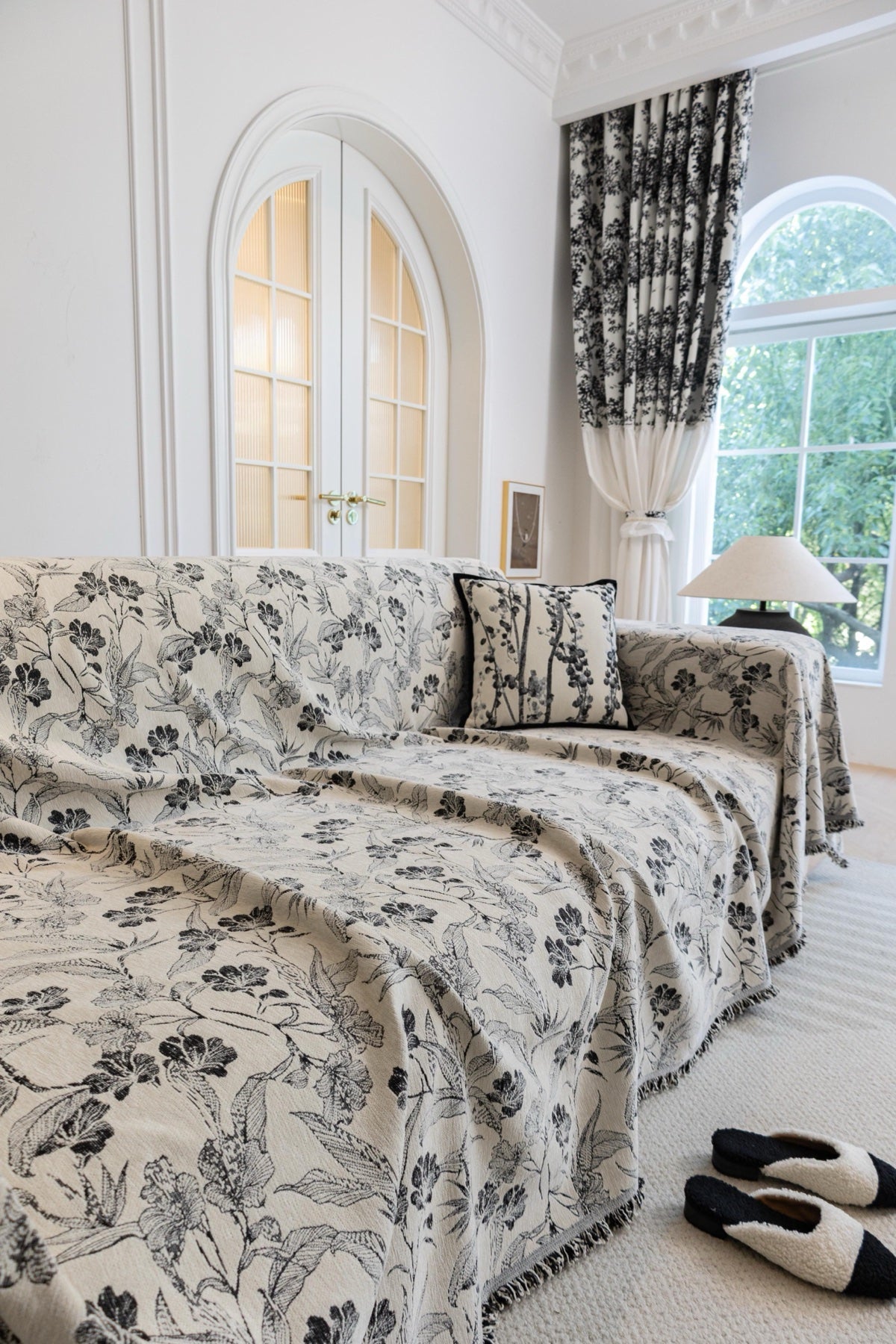 Decor Cedar Aurelia Fringed Floral Jacquard Sofa Throw Cover in Charcoal Bloom - full sofa throw cover styling for patterned couch cover in United States, image 20