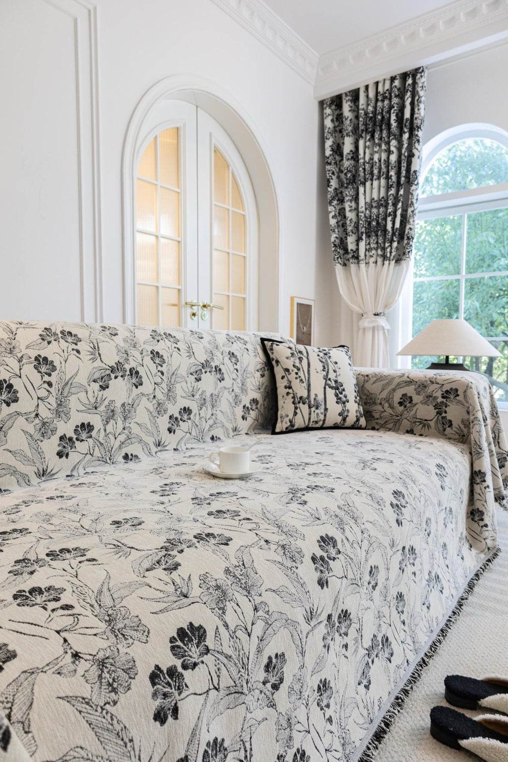 Decor Cedar Aurelia Fringed Floral Jacquard Sofa Throw Cover in Charcoal Bloom - styled floral jacquard sofa throw cover for patterned couch cover in United States, image 18