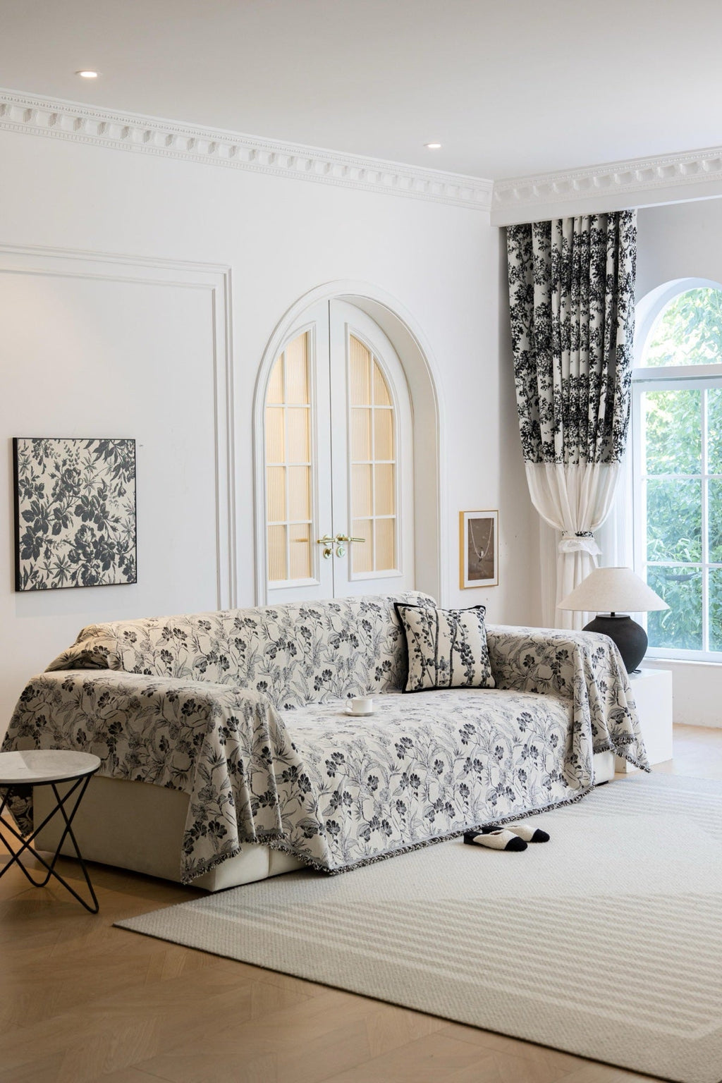 Decor Cedar Aurelia Fringed Floral Jacquard Sofa Throw Cover in Charcoal Bloom - full sofa throw cover styling for patterned couch cover in United States, image 14