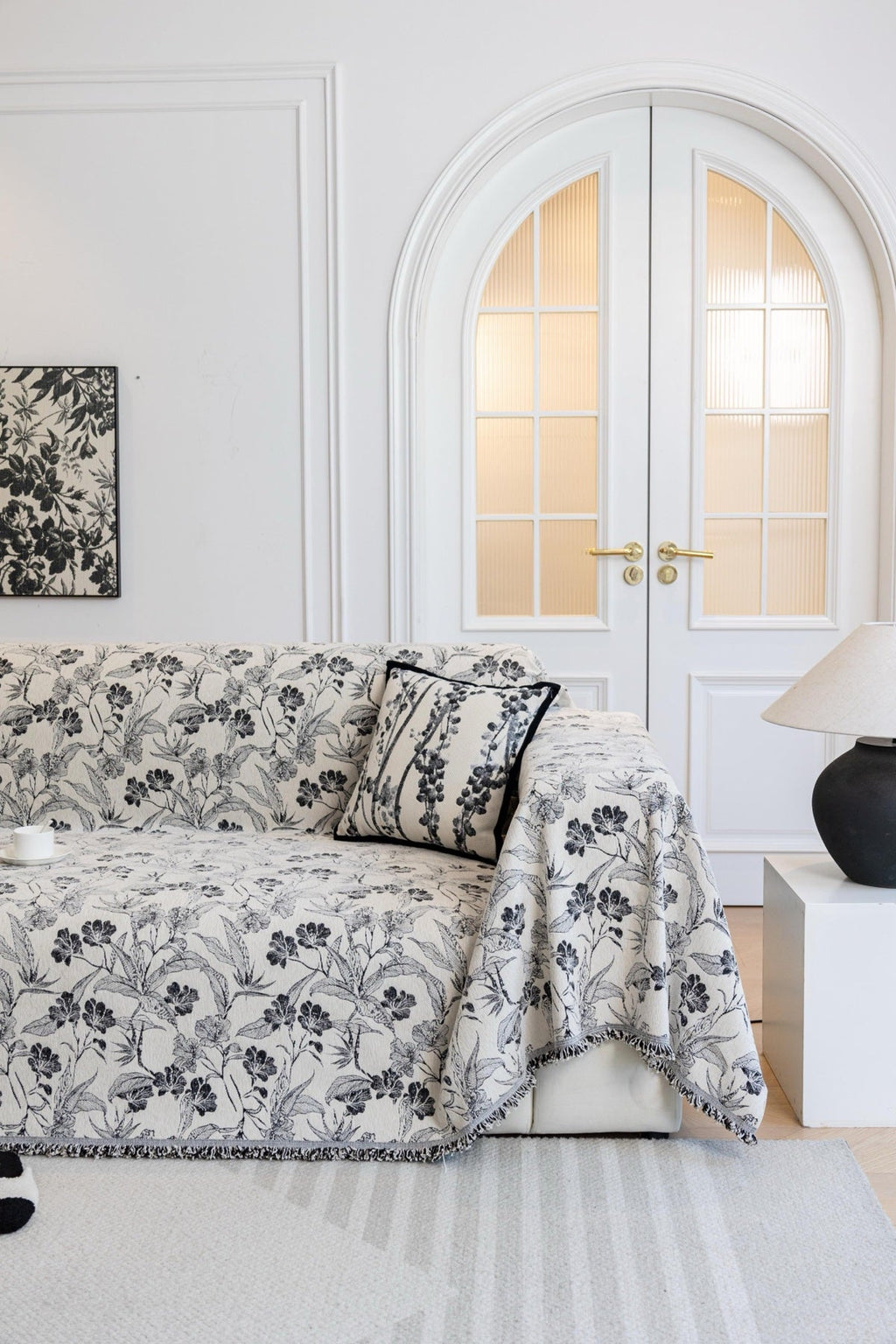 Decor Cedar Aurelia Fringed Floral Jacquard Sofa Throw Cover in Charcoal Bloom - full sofa throw cover styling for patterned couch cover in United States, image 16