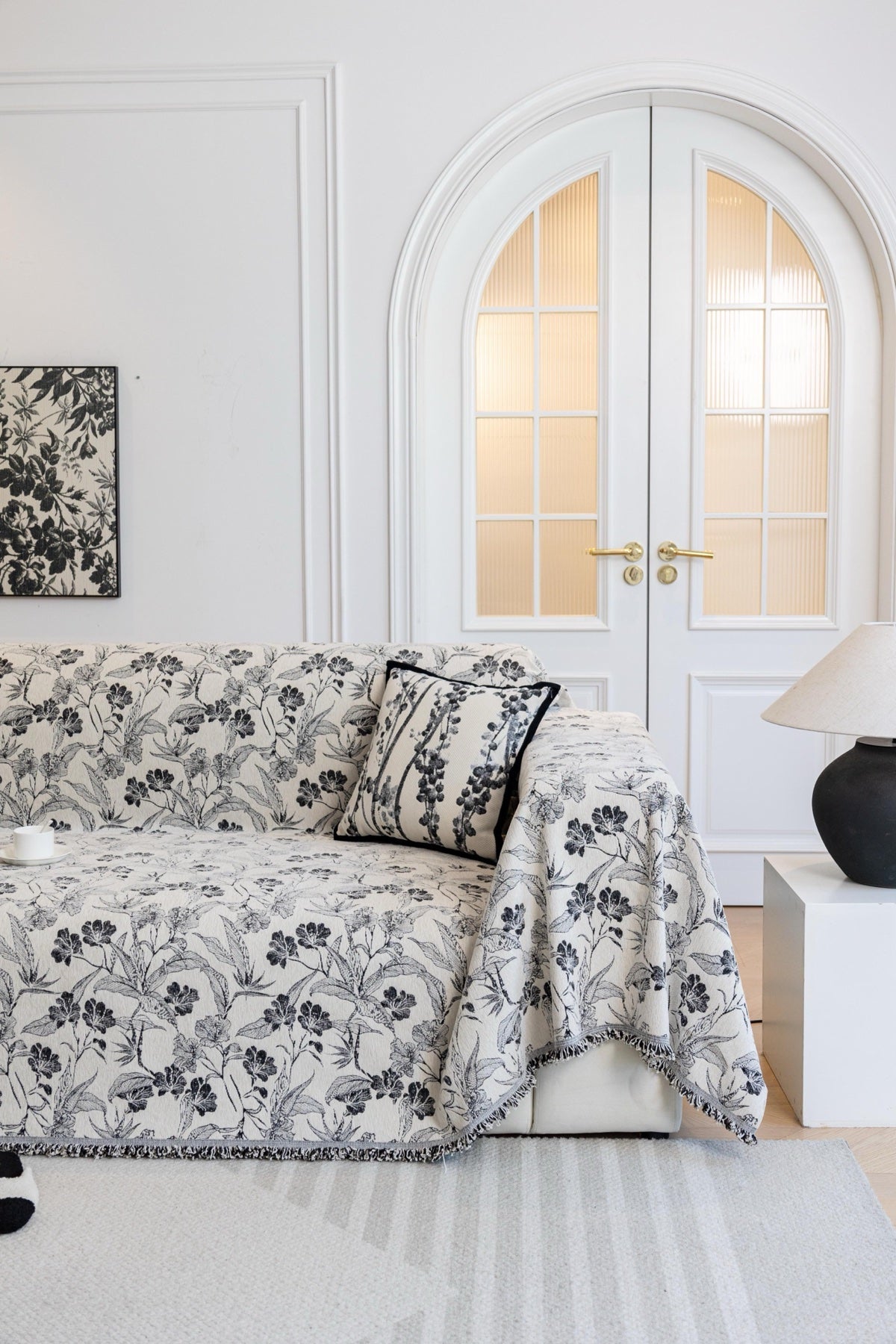 Decor Cedar Aurelia Fringed Floral Jacquard Sofa Throw Cover in Charcoal Bloom - full sofa throw cover styling for patterned couch cover in United States, image 16
