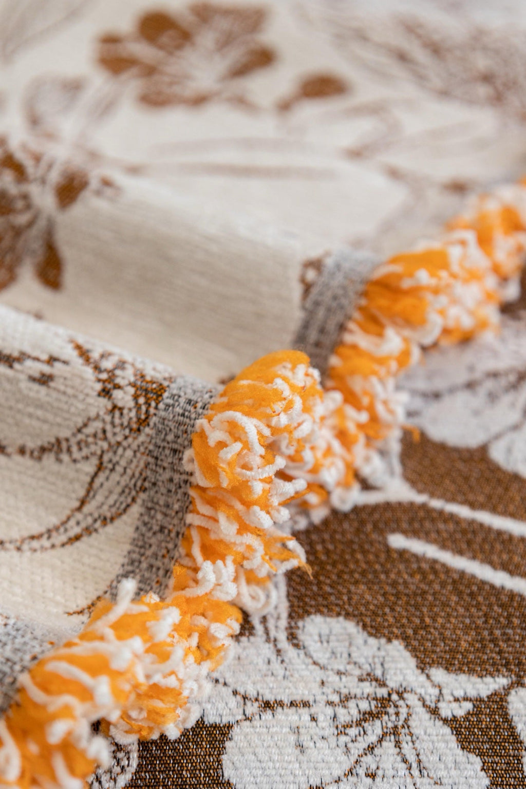 Decor Cedar Aurelia Fringed Floral Jacquard Sofa Throw Cover in Ochre Bloom - jacquard floral fringe detail for patterned couch cover in United States, image 12