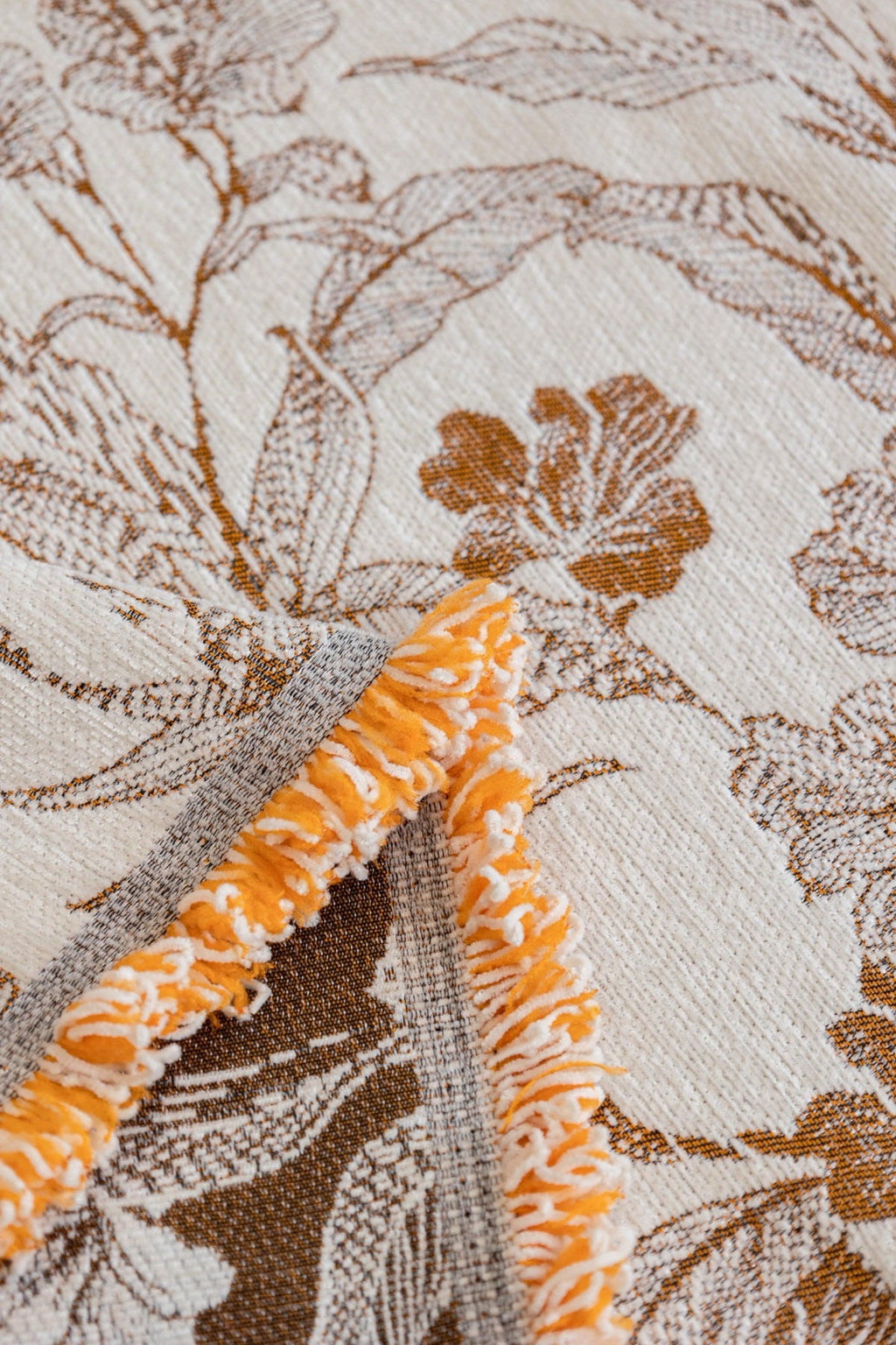 Decor Cedar Aurelia Fringed Floral Jacquard Sofa Throw Cover in Ochre Bloom - jacquard floral fringe detail for patterned couch cover in United States, image 10