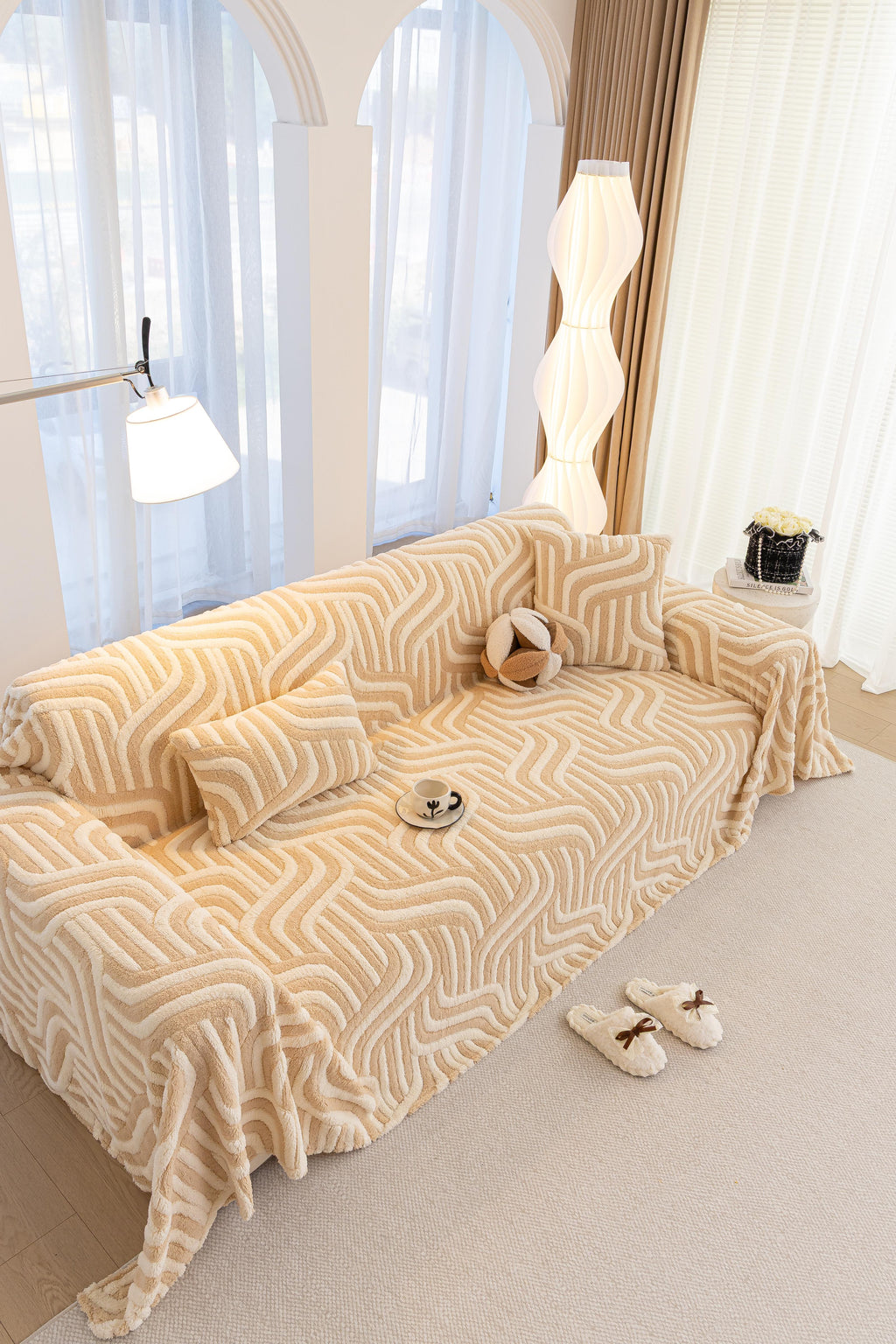 Decor Cedar Riviera Wave Stripe Sofa Cover in Beige Cream - styled sofa image for plush patterned couch covers in United States