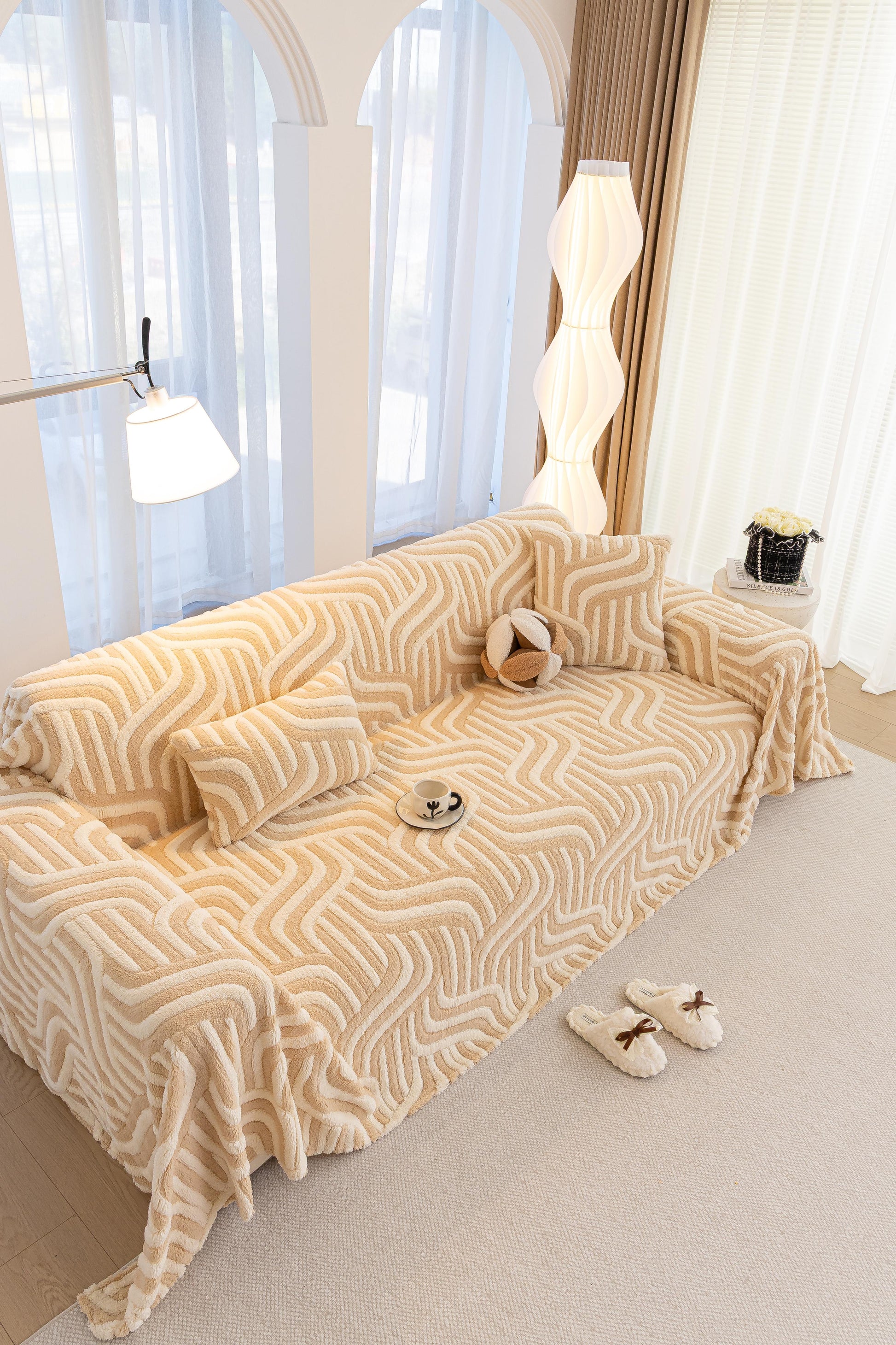 Decor Cedar Riviera Wave Stripe Sofa Cover in Beige Cream - styled sofa image for plush patterned couch covers in United States