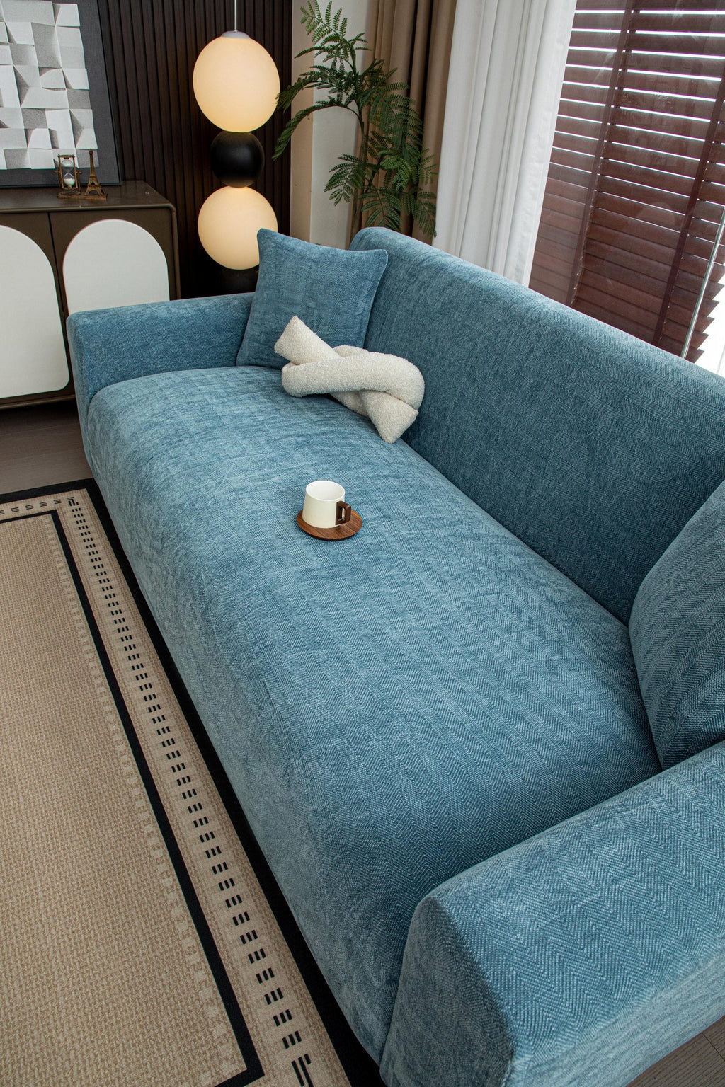 Decor Cedar Marlow Chenille Stretch Sofa Cover lifestyle product image for weather resistant sofa cover in United States
