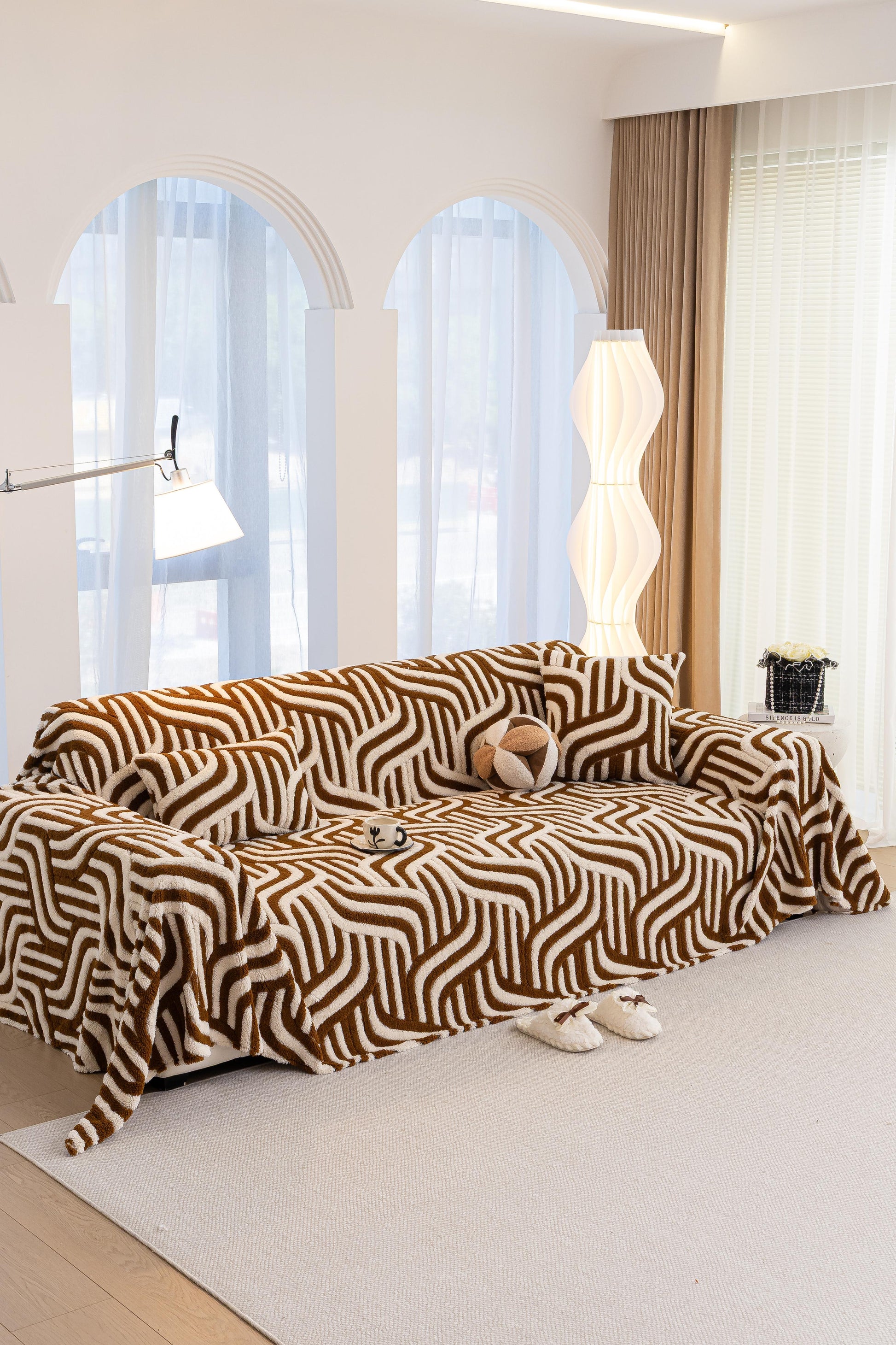 Decor Cedar Riviera Wave Stripe Sofa Cover in Brown Cream - styled sofa image for plush patterned couch covers in United States