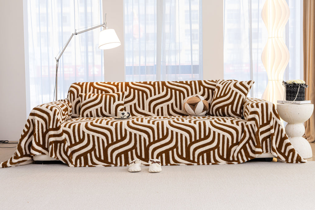 Decor Cedar Riviera Wave Stripe Sofa Cover in Brown Cream - wide sofa lifestyle image for plush patterned couch covers in United States