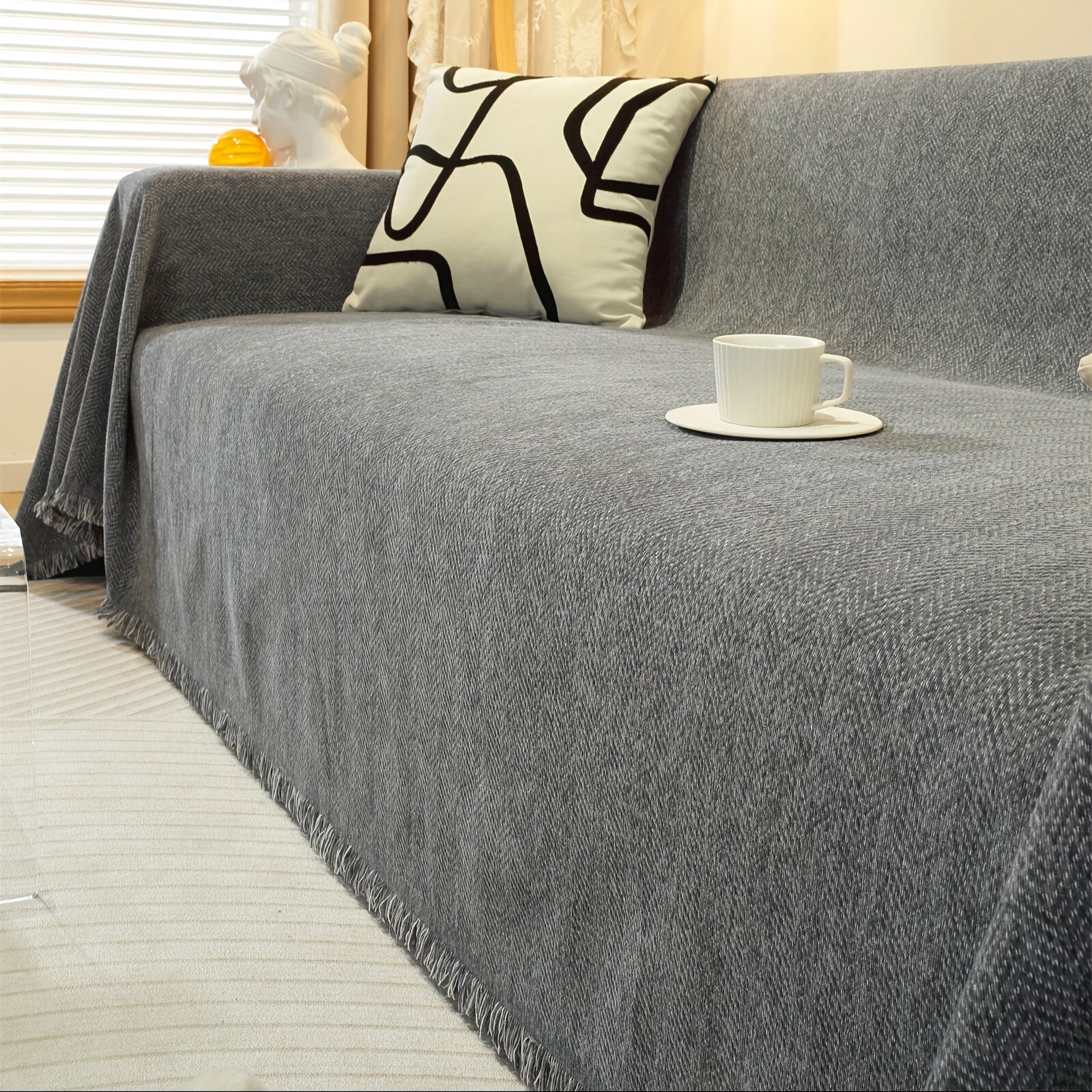 Decor Cedar Slate Chenille Tassel Sofa Cover lifestyle product image for weather resistant sofa cover in United States - Pet-Friendly