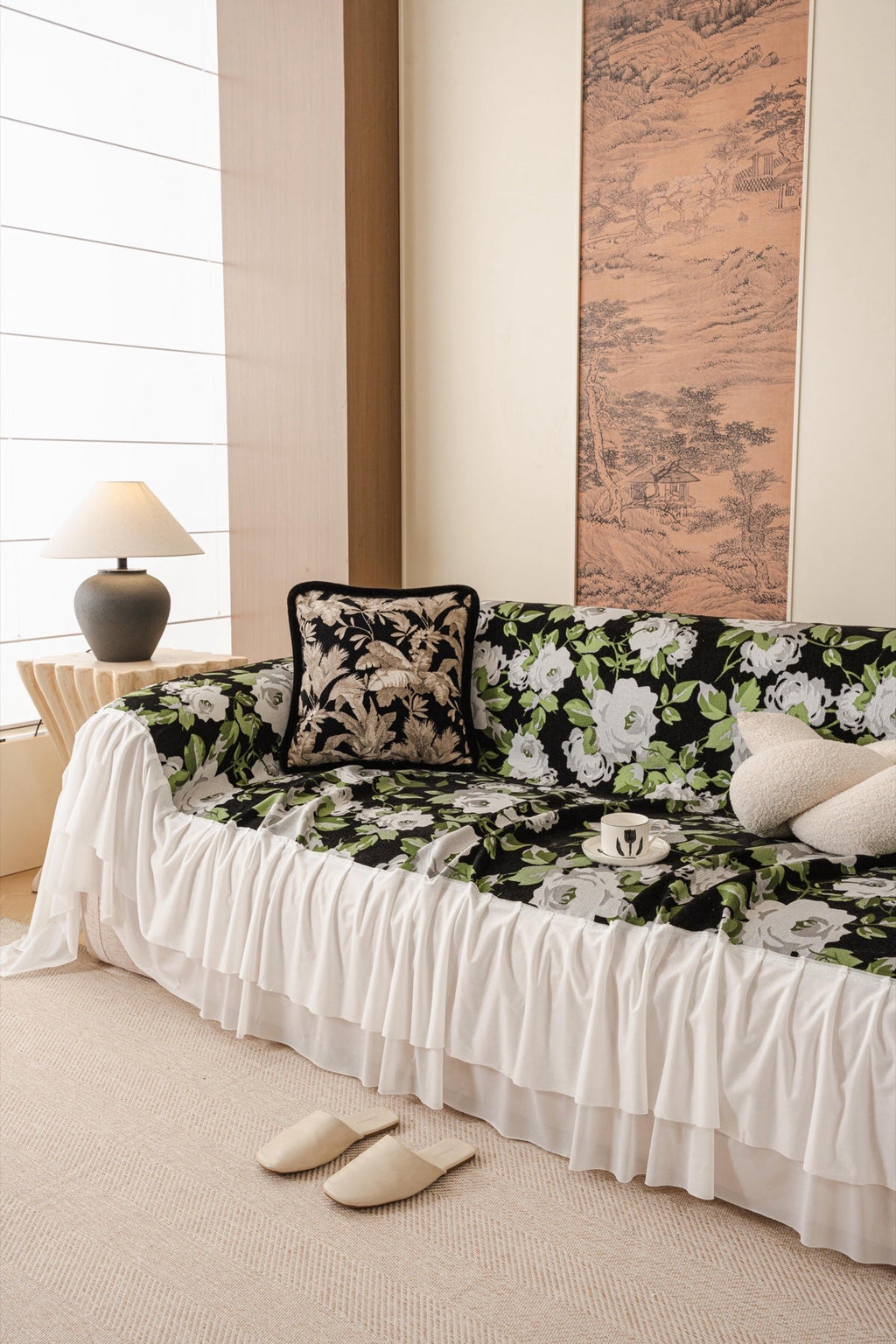 Decor Cedar Camellia Skirted Floral Sofa Throw Cover in Midnight Floral - styled skirted sofa throw for floral sofa throw covers in United States