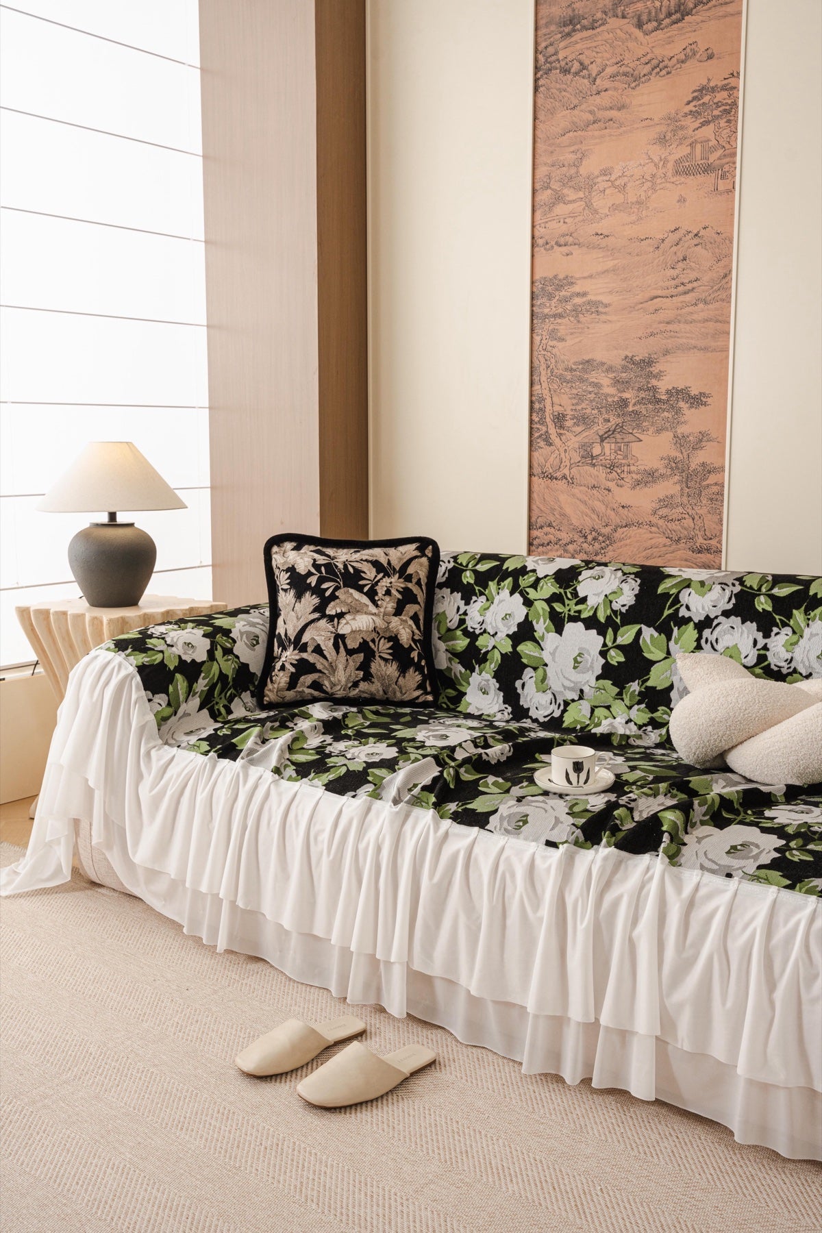 Decor Cedar Camellia Skirted Floral Sofa Throw Cover in Midnight Floral - styled skirted sofa throw for floral sofa throw covers in United States