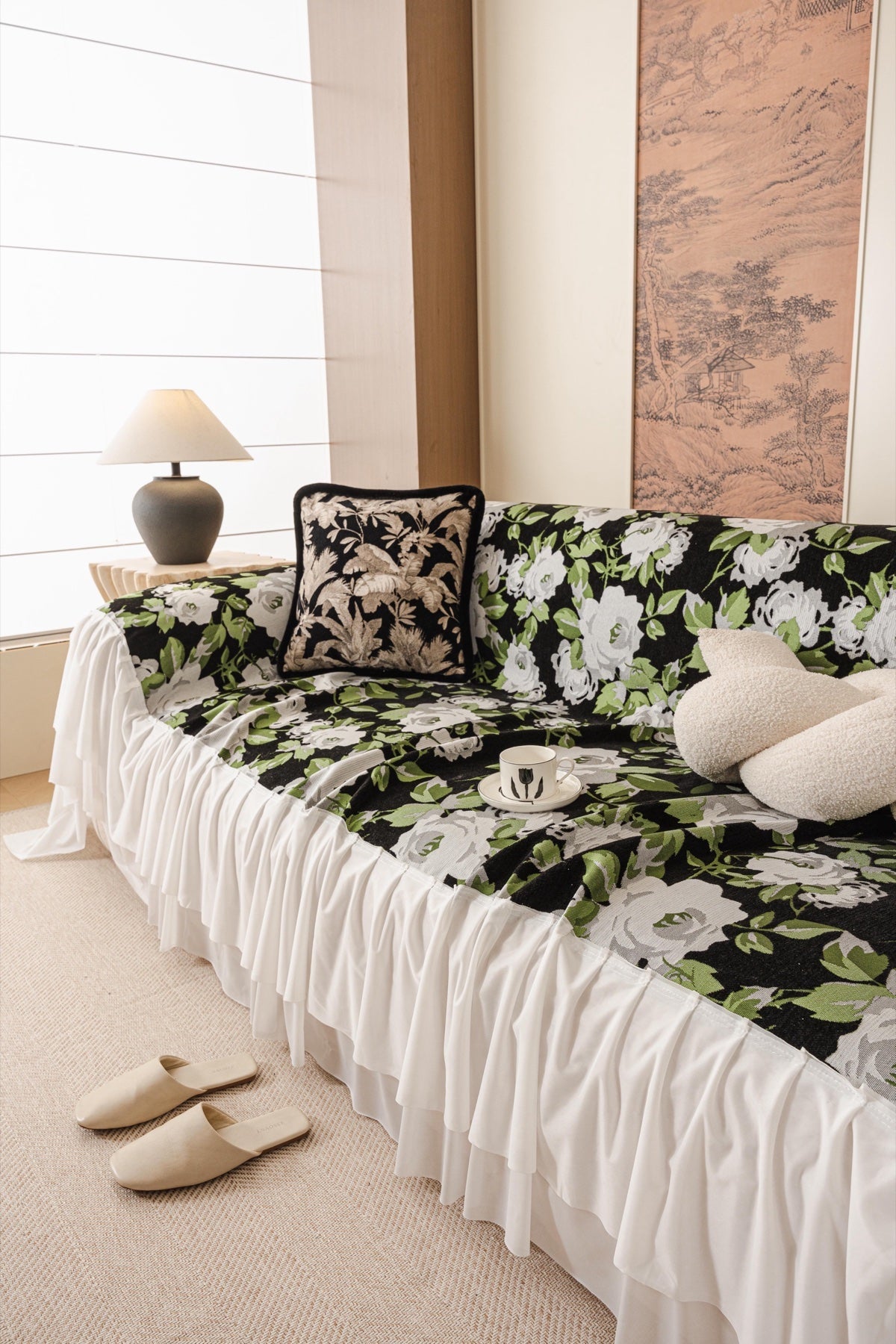 Decor Cedar Camellia Skirted Floral Sofa Throw Cover in Midnight Floral - styled skirted sofa throw for floral sofa throw covers in United States