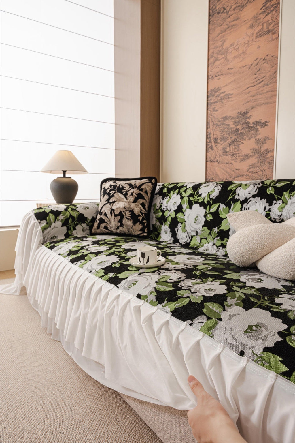 Decor Cedar Camellia Skirted Floral Sofa Throw Cover in Midnight Floral - styled skirted sofa throw for floral sofa throw covers in United States