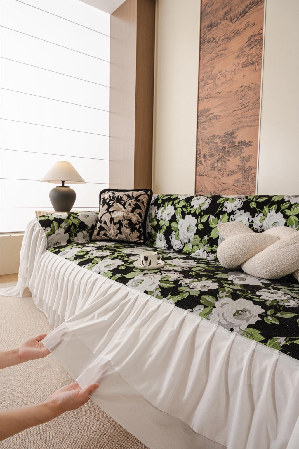 Decor Cedar Camellia Skirted Floral Sofa Throw Cover in Midnight Floral - styled skirted sofa throw for floral sofa throw covers in United States