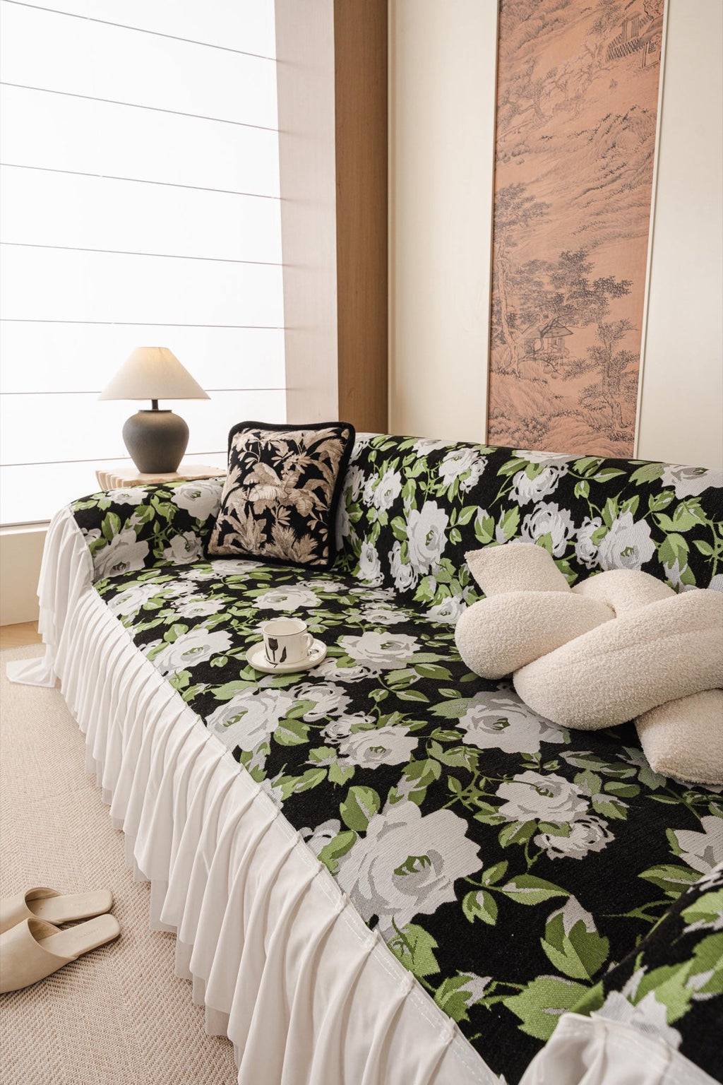Decor Cedar Camellia Skirted Floral Sofa Throw Cover in Midnight Floral - styled skirted sofa throw for floral sofa throw covers in United States