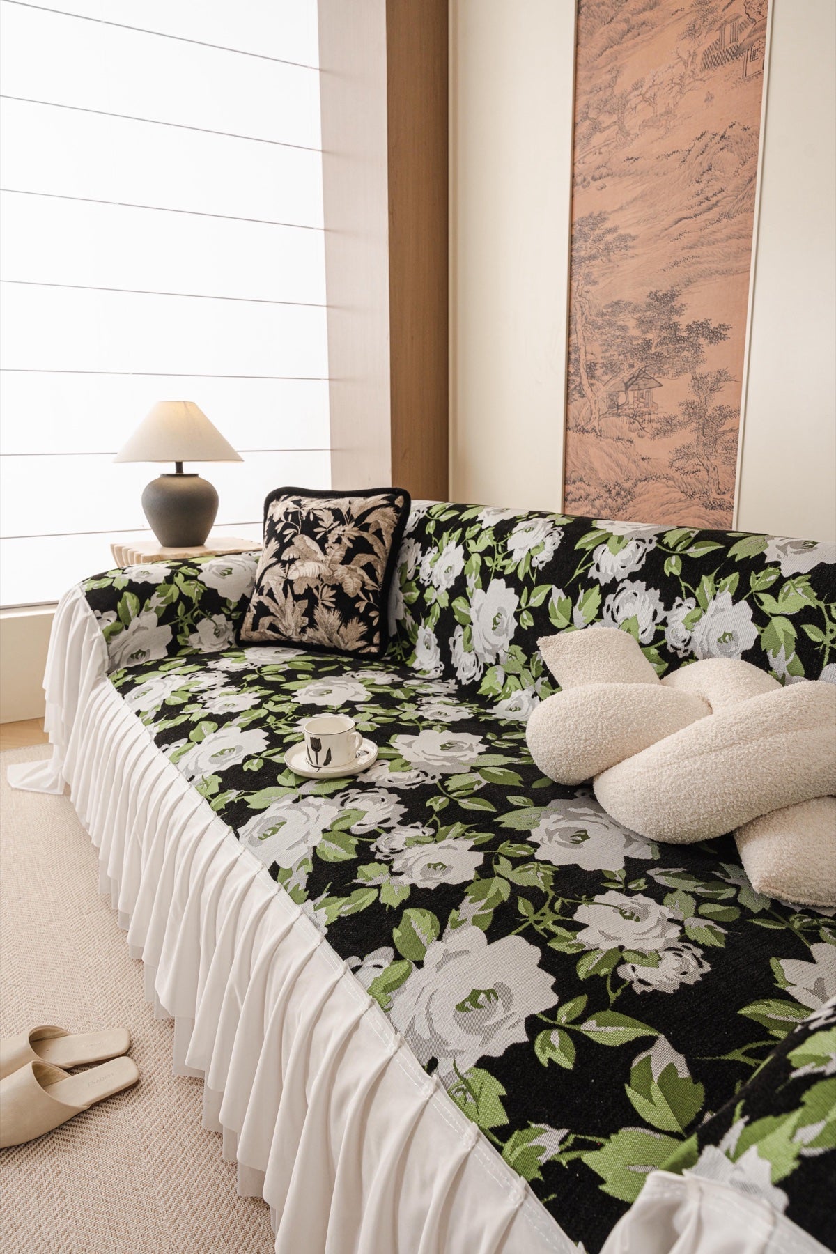 Decor Cedar Camellia Skirted Floral Sofa Throw Cover in Midnight Floral - styled skirted sofa throw for floral sofa throw covers in United States