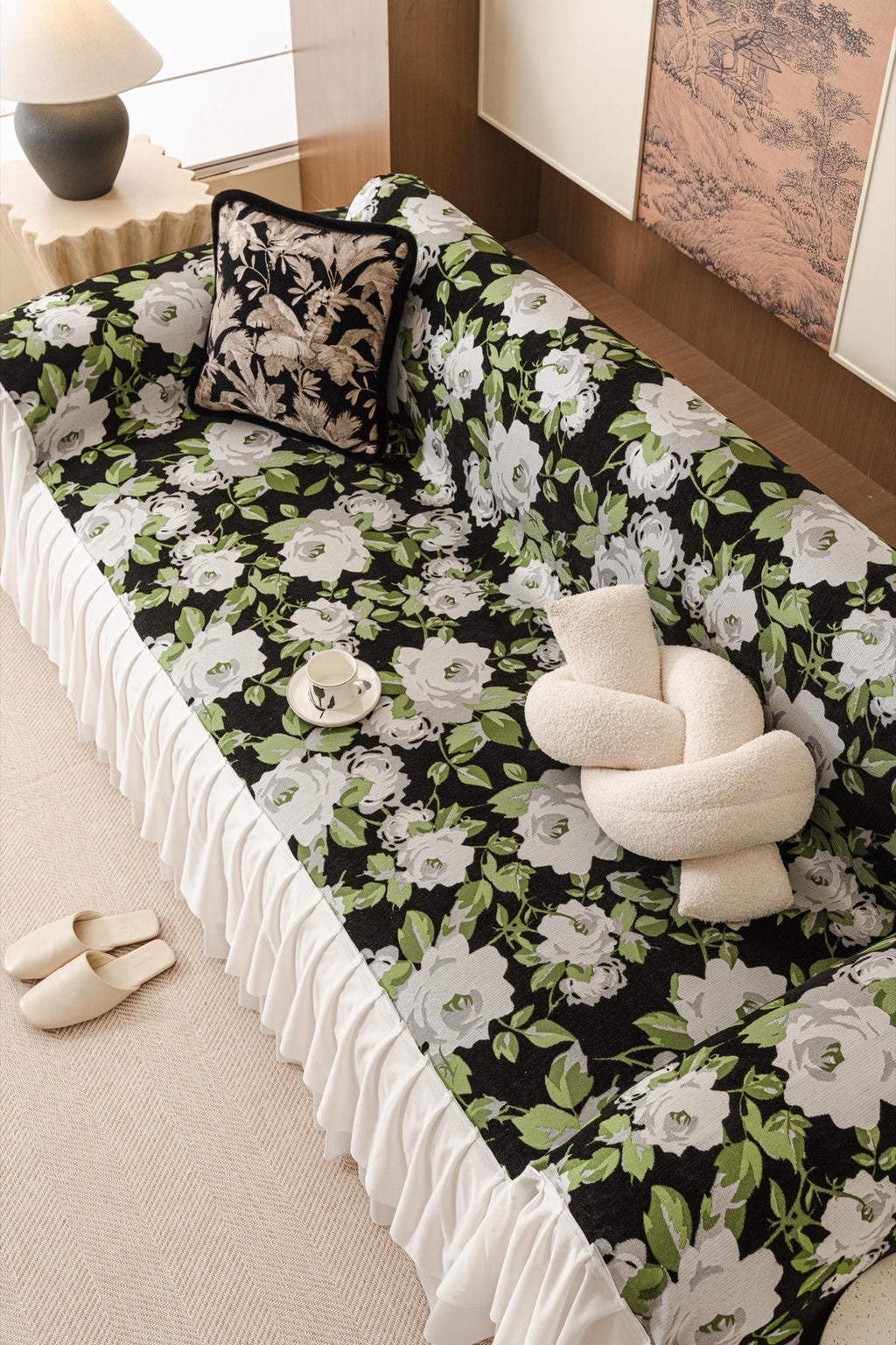 Decor Cedar Camellia Skirted Floral Sofa Throw Cover in Midnight Floral - top sofa fit view for floral sofa throw covers in United States