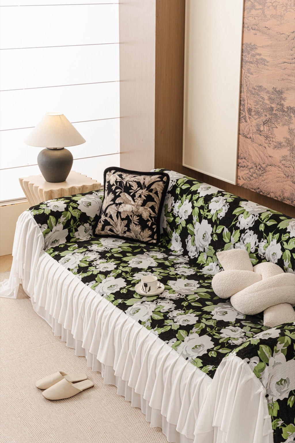 Decor Cedar Camellia Skirted Floral Sofa Throw Cover in Midnight Floral - styled skirted sofa throw for floral sofa throw covers in United States