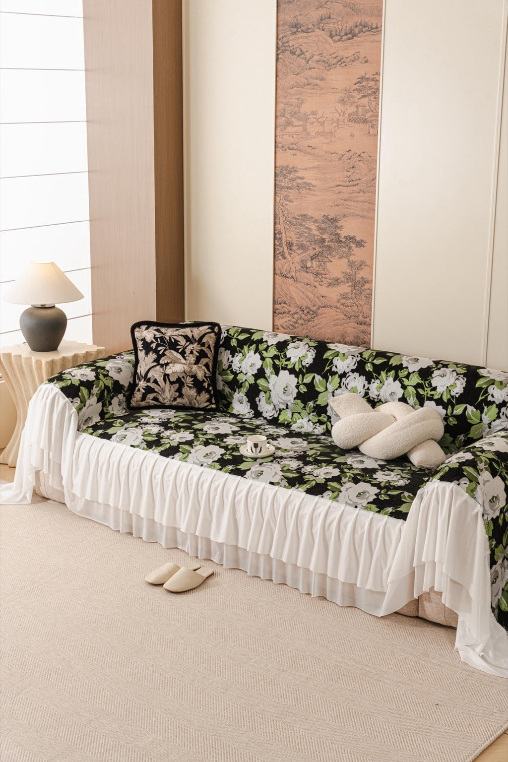 Decor Cedar Camellia Skirted Floral Sofa Throw Cover in Midnight Floral - styled skirted sofa throw for floral sofa throw covers in United States