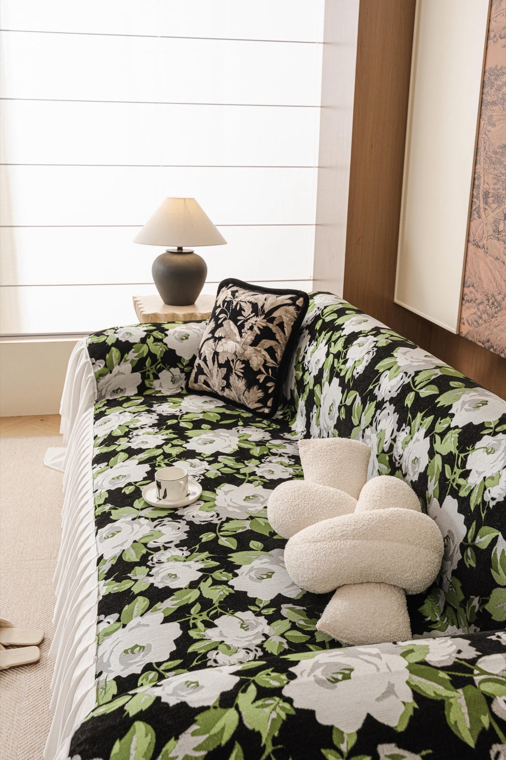 Decor Cedar Camellia Skirted Floral Sofa Throw Cover in Midnight Floral - top sofa fit view for floral sofa throw covers in United States