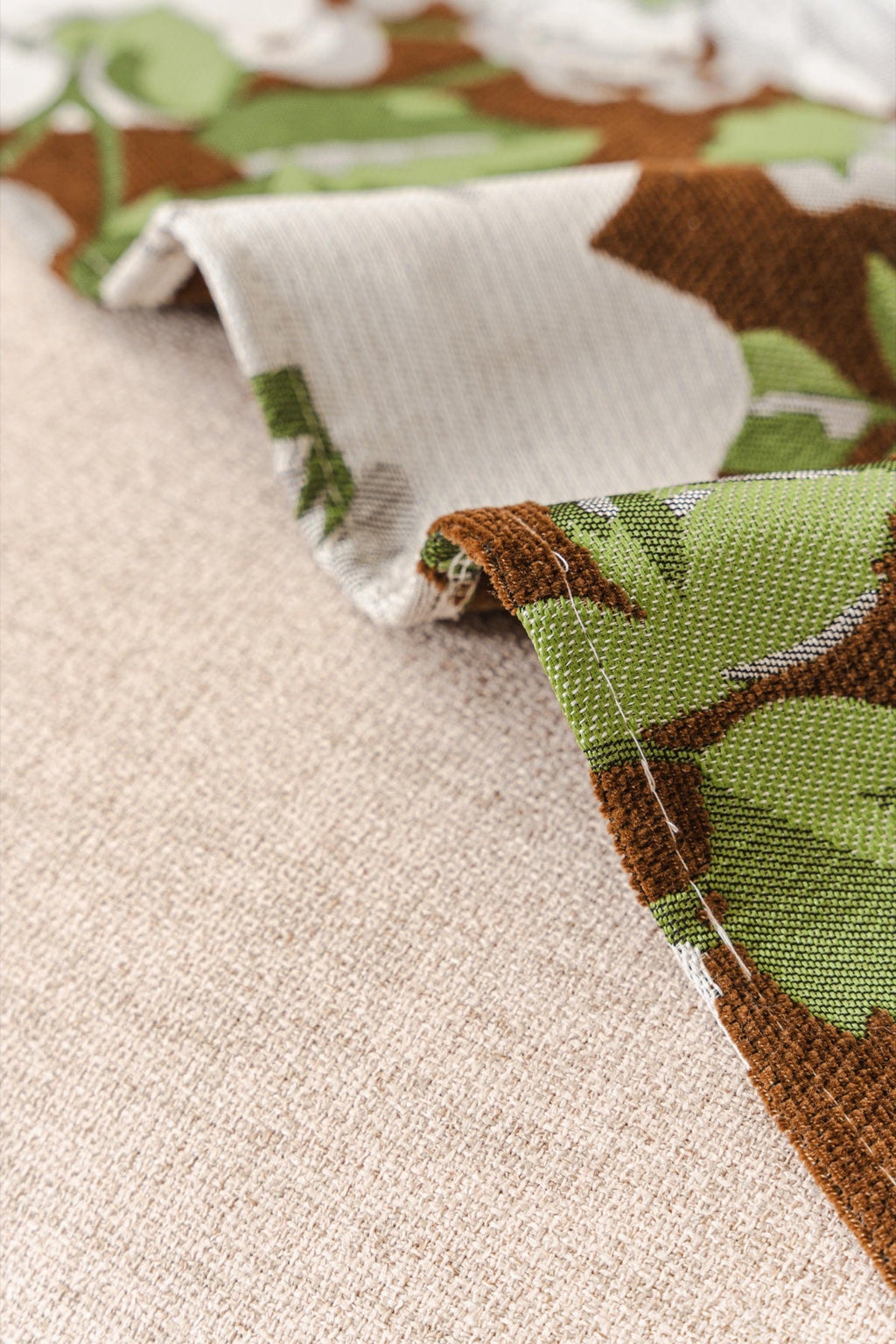 Decor Cedar Camellia Skirted Floral Sofa Throw Cover in Olive Cocoa Floral - floral fabric and skirt edge detail for floral sofa throw covers in United States
