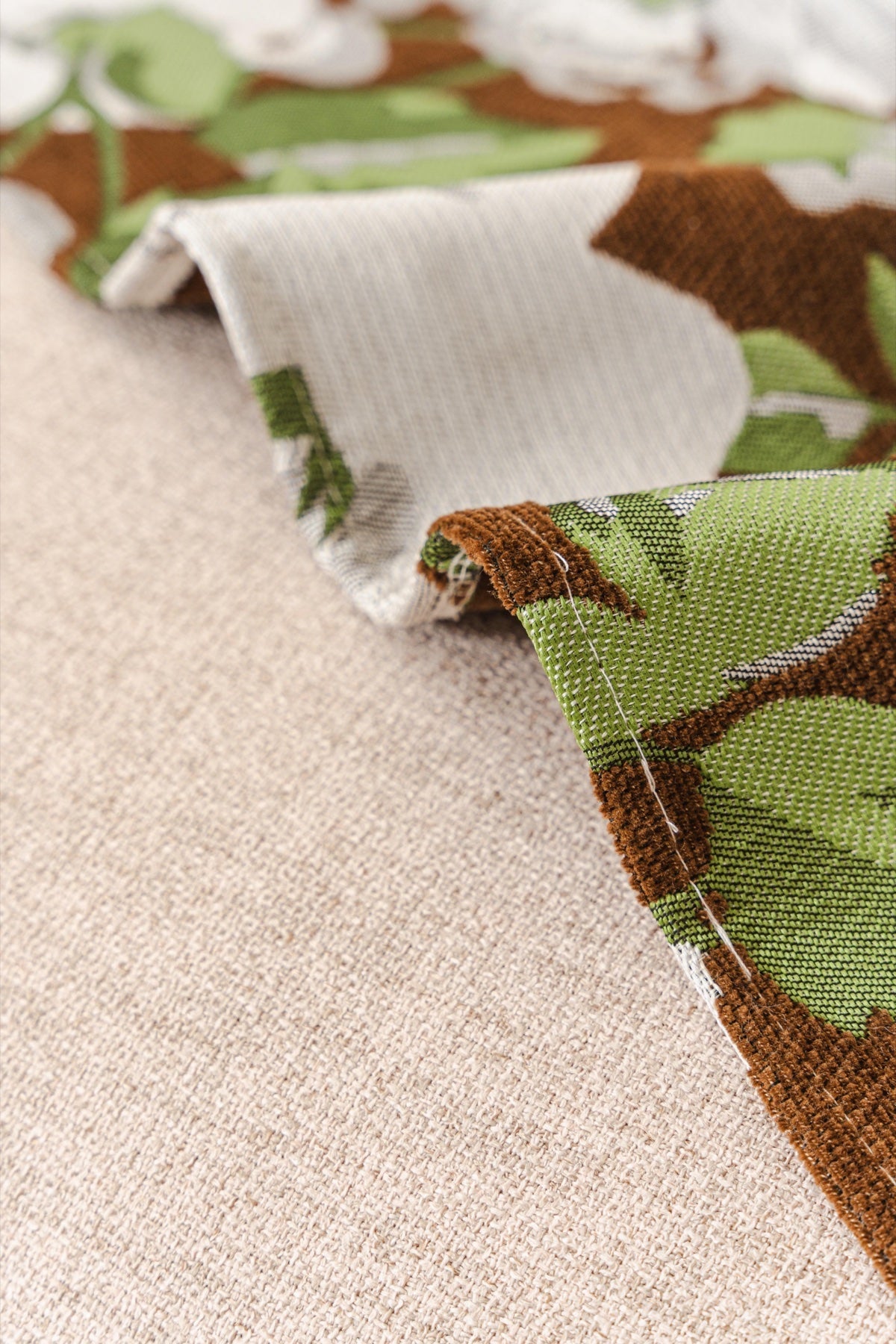 Decor Cedar Camellia Skirted Floral Sofa Throw Cover in Olive Cocoa Floral - floral fabric and skirt edge detail for floral sofa throw covers in United States