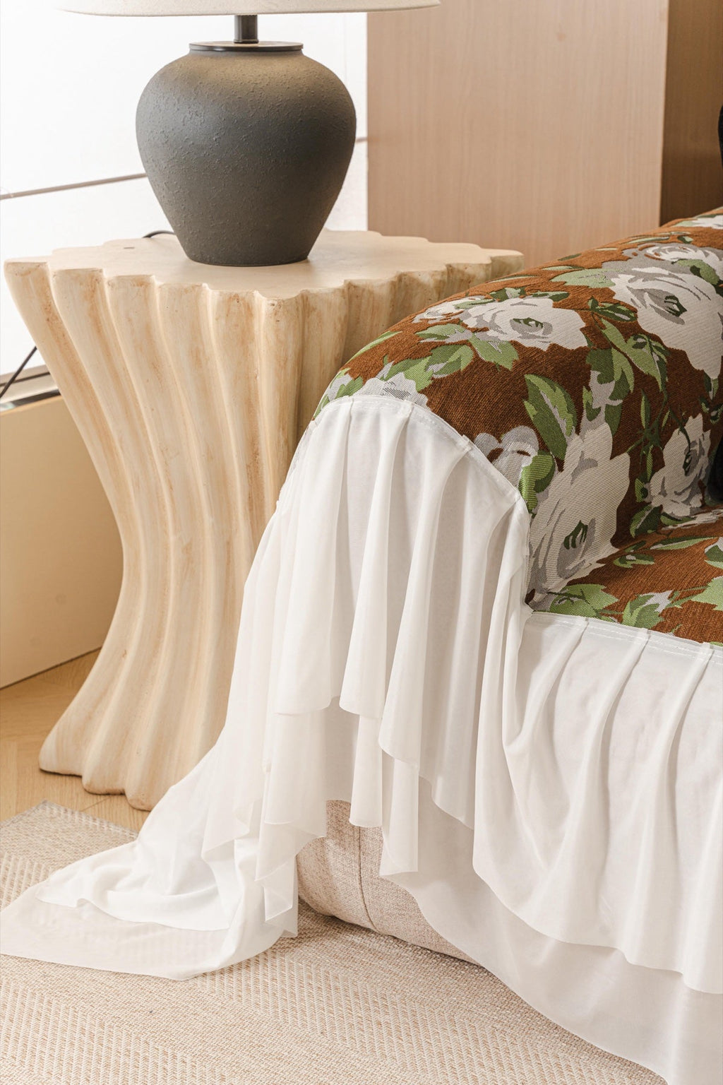 Decor Cedar Camellia Skirted Floral Sofa Throw Cover in Olive Cocoa Floral - side skirt drape detail for floral sofa throw covers in United States