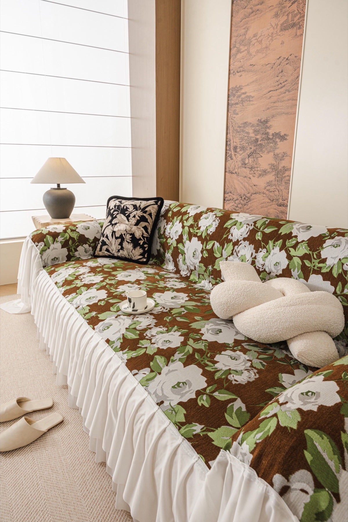 Decor Cedar Camellia Skirted Floral Sofa Throw Cover in Olive Cocoa Floral - styled skirted sofa throw for floral sofa throw covers in United States