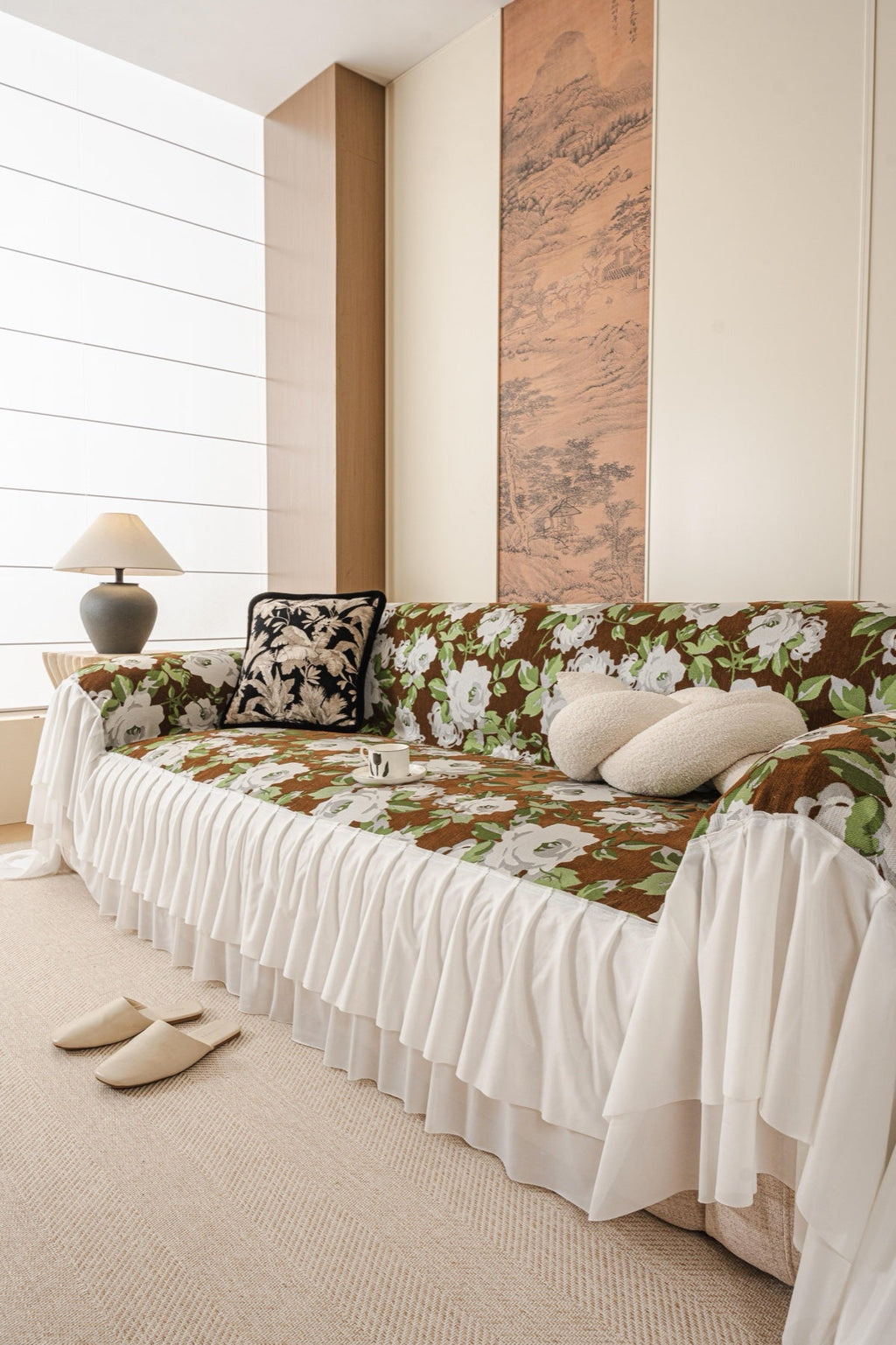 Decor Cedar Camellia Skirted Floral Sofa Throw Cover in Olive Cocoa Floral - styled skirted sofa throw for floral sofa throw covers in United States
