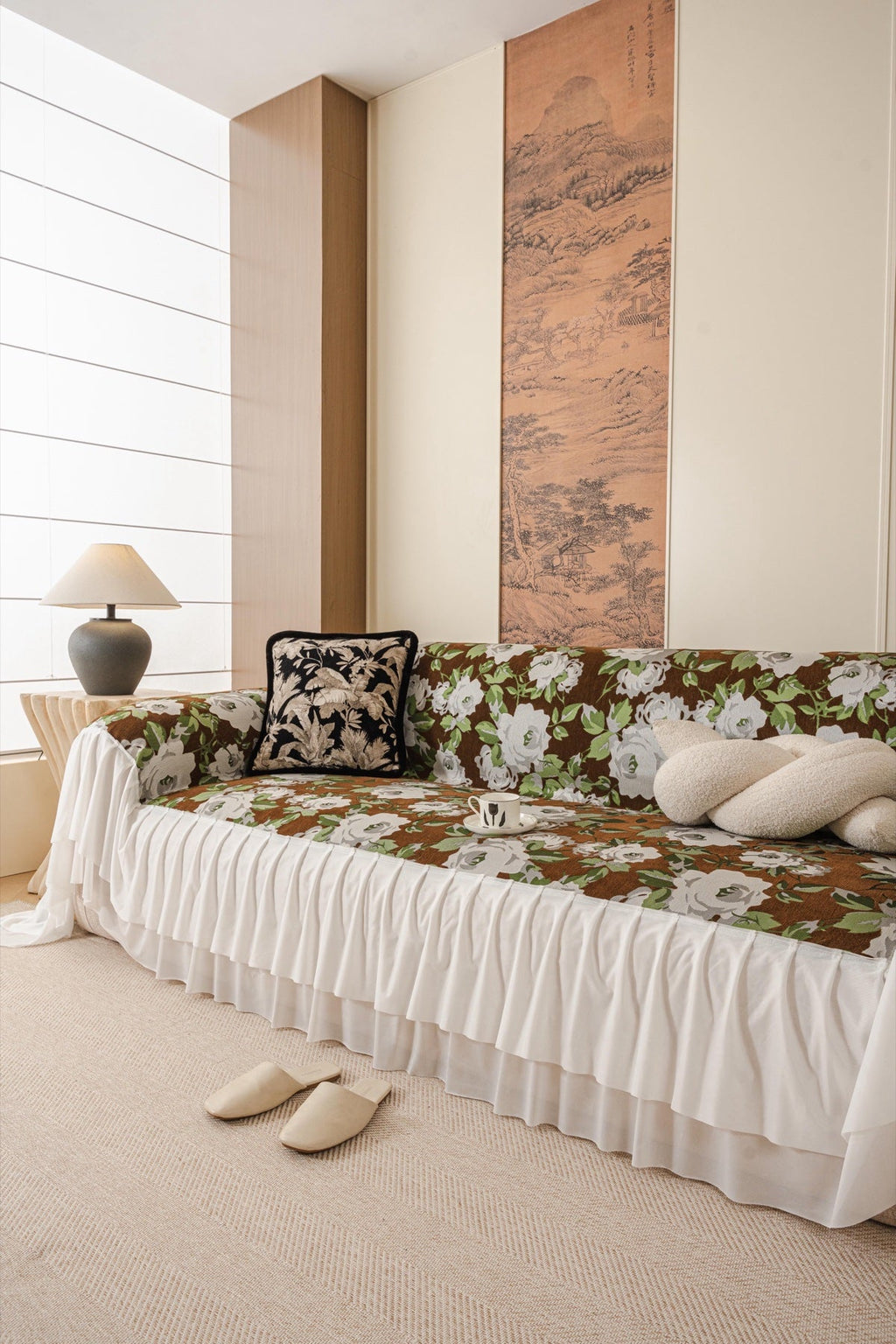Decor Cedar Camellia Skirted Floral Sofa Throw Cover in Olive Cocoa Floral - styled skirted sofa throw for floral sofa throw covers in United States