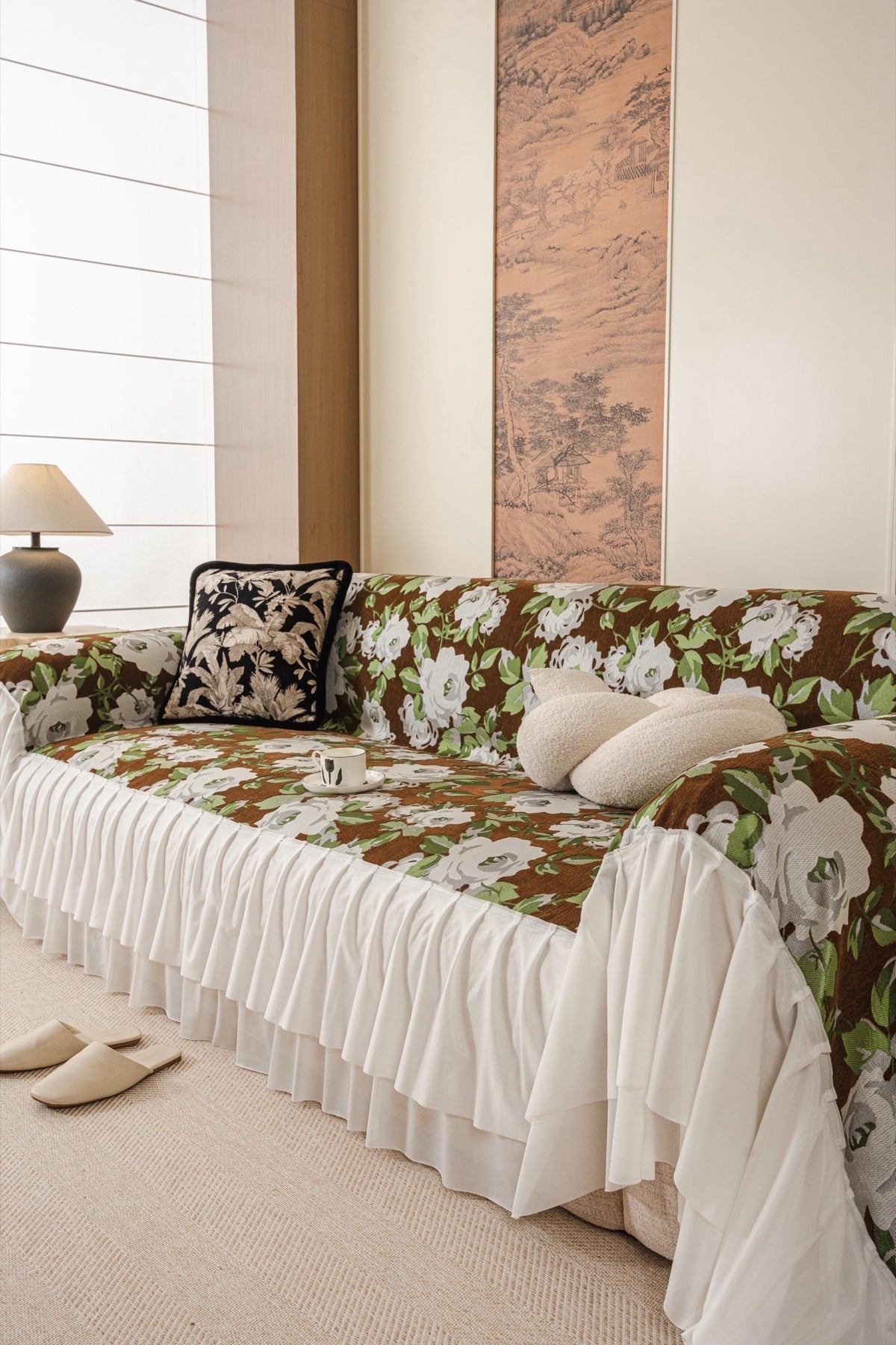 Decor Cedar Camellia Skirted Floral Sofa Throw Cover in Olive Cocoa Floral - styled skirted sofa throw for floral sofa throw covers in United States