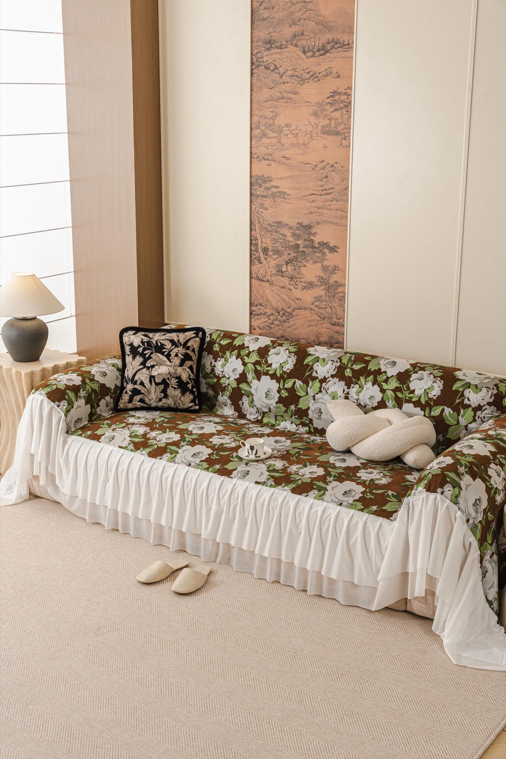 Decor Cedar Camellia Skirted Floral Sofa Throw Cover in Olive Cocoa Floral - styled skirted sofa throw for floral sofa throw covers in United States