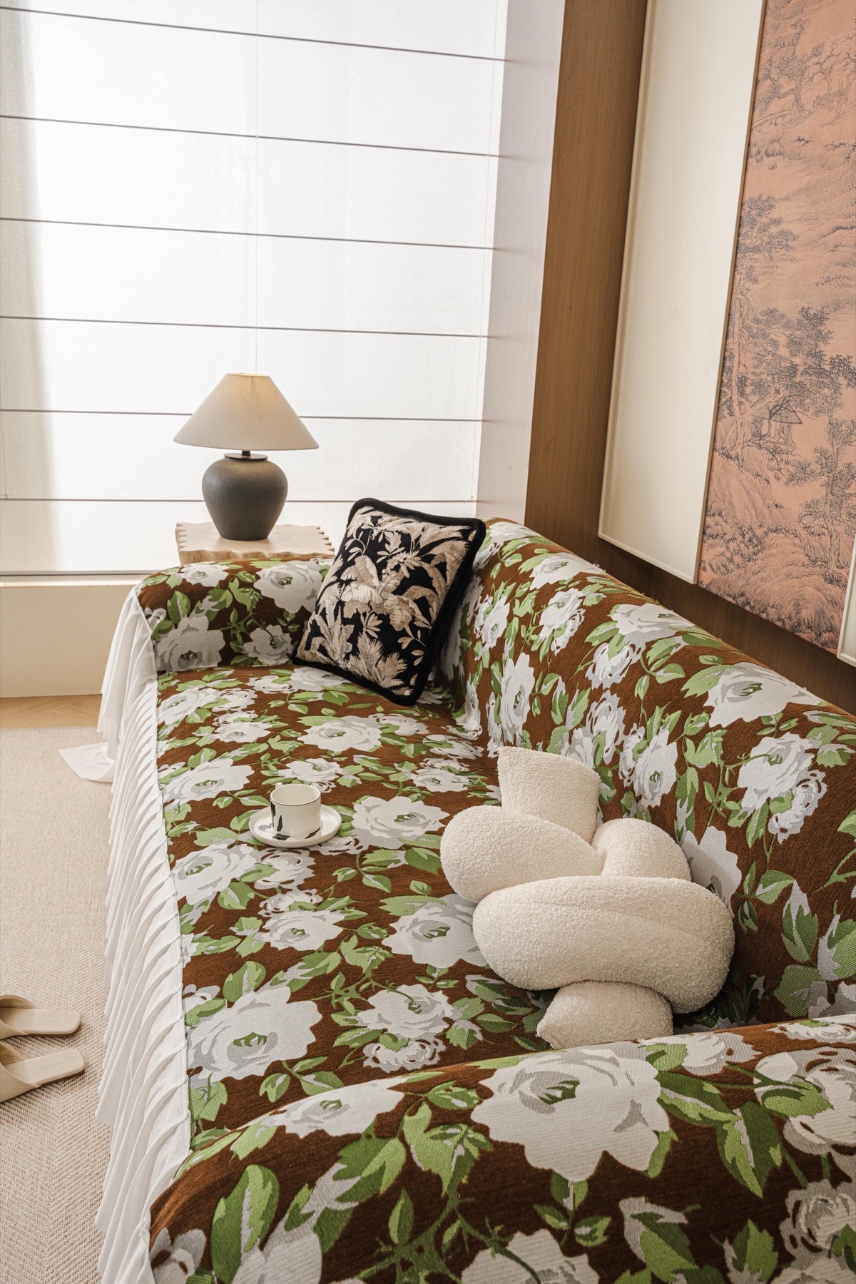 Decor Cedar Camellia Skirted Floral Sofa Throw Cover in Olive Cocoa Floral - top sofa fit view for floral sofa throw covers in United States