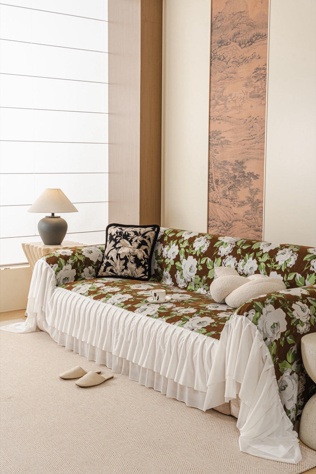 Decor Cedar Camellia Skirted Floral Sofa Throw Cover in Olive Cocoa Floral - styled skirted sofa throw for floral sofa throw covers in United States