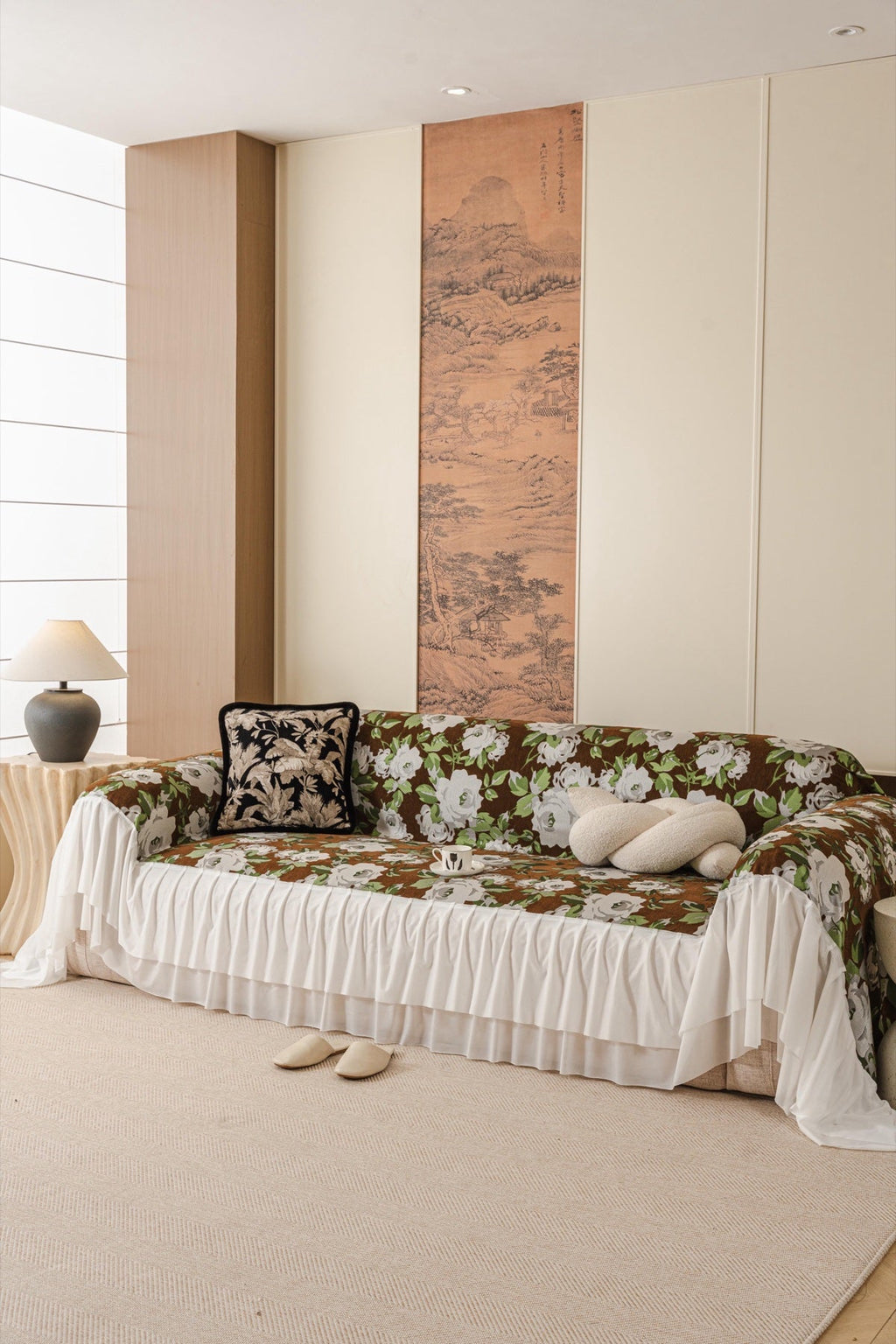 Decor Cedar Camellia Skirted Floral Sofa Throw Cover in Olive Cocoa Floral - styled skirted sofa throw for floral sofa throw covers in United States