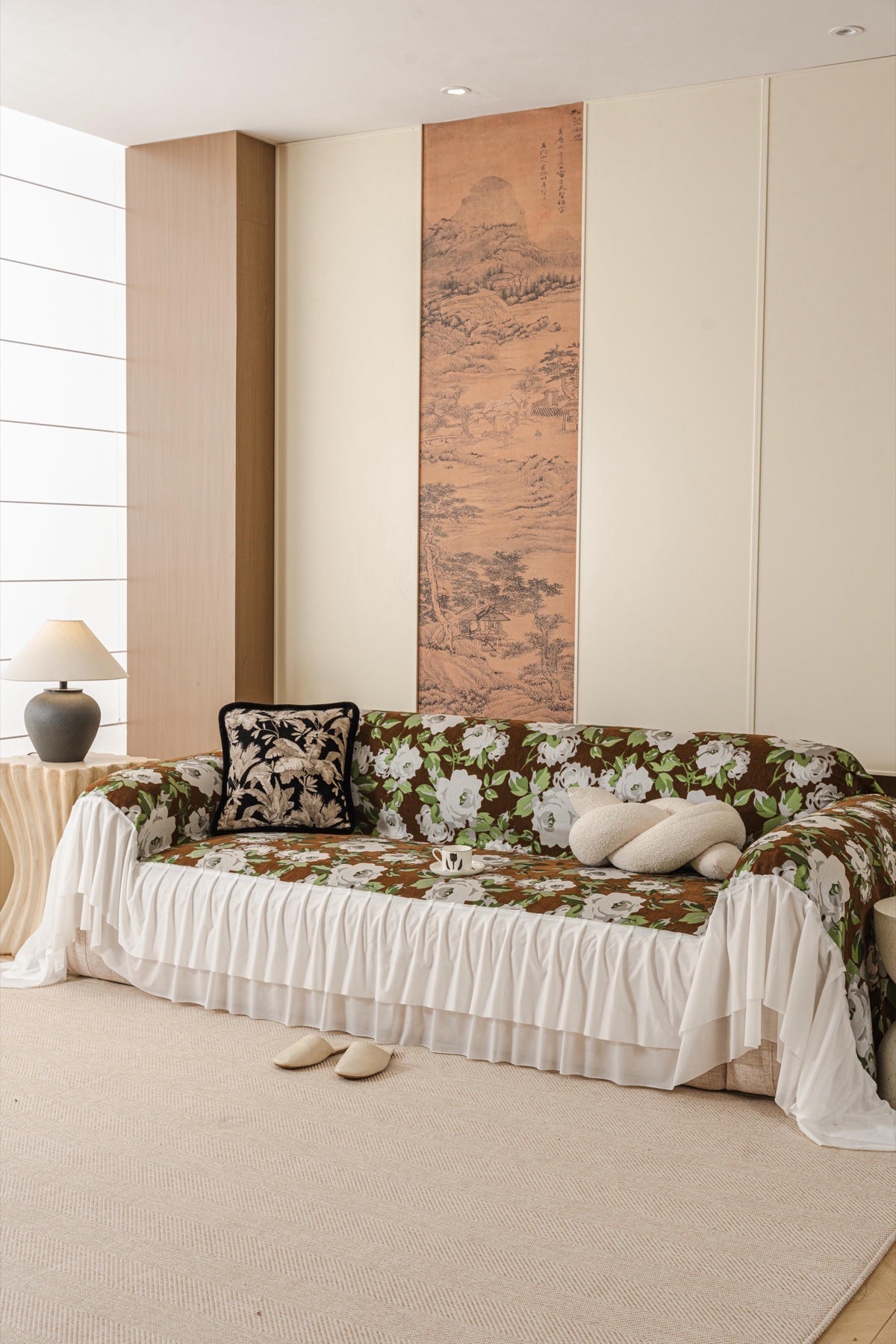 Decor Cedar Camellia Skirted Floral Sofa Throw Cover in Olive Cocoa Floral - styled skirted sofa throw for floral sofa throw covers in United States