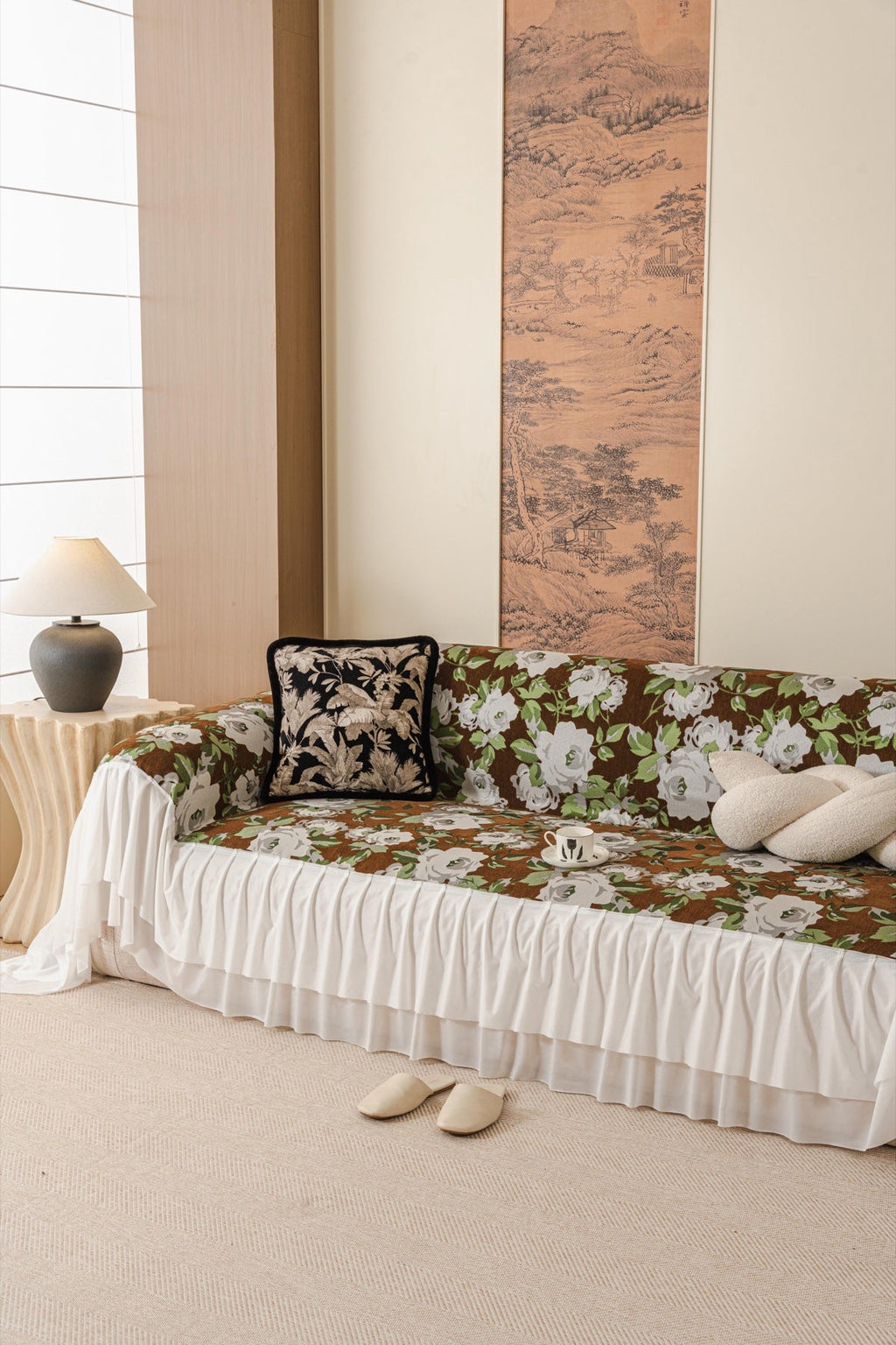 Decor Cedar Camellia Skirted Floral Sofa Throw Cover in Olive Cocoa Floral - styled skirted sofa throw for floral sofa throw covers in United States