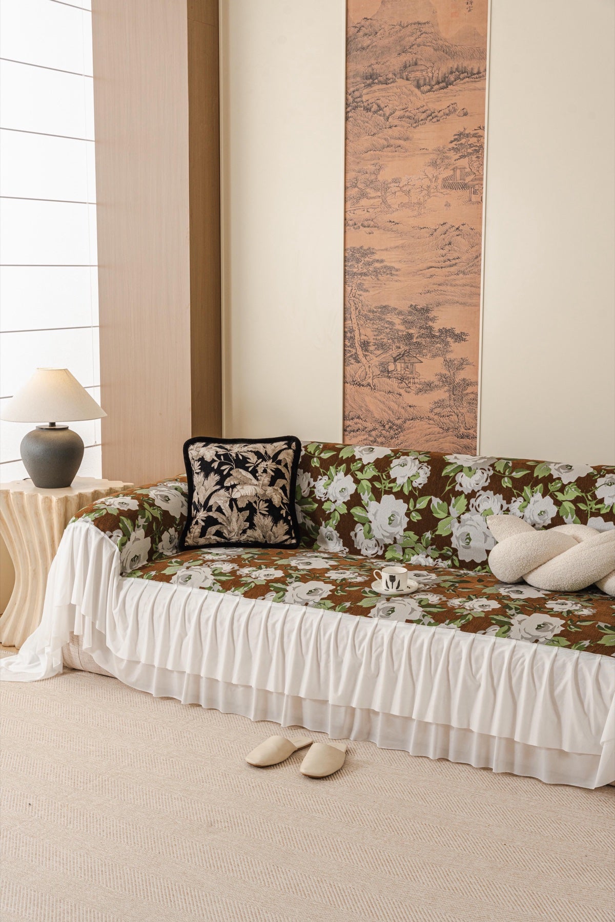 Decor Cedar Camellia Skirted Floral Sofa Throw Cover in Olive Cocoa Floral - styled skirted sofa throw for floral sofa throw covers in United States
