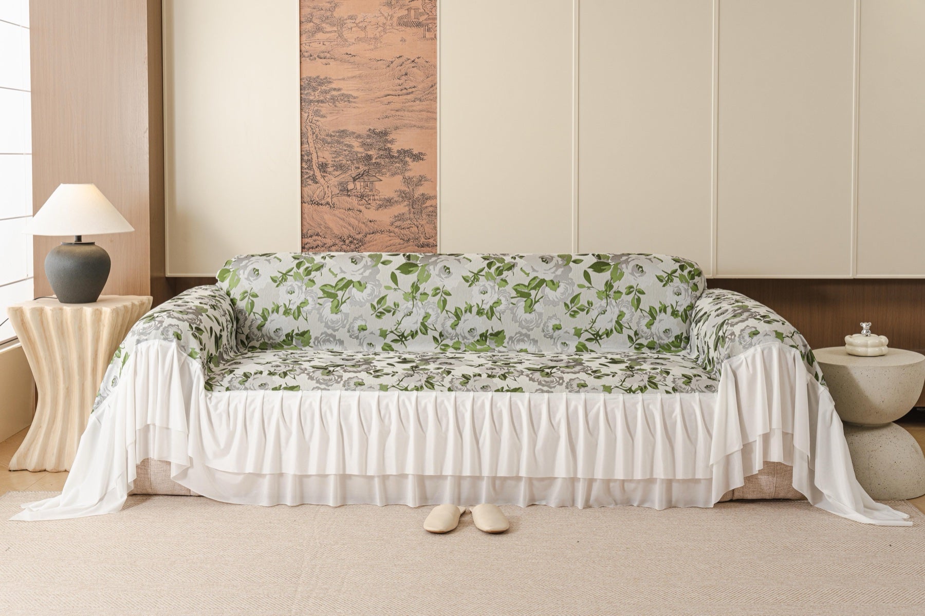 Decor Cedar Camellia Skirted Floral Sofa Throw Cover in Soft Sage Floral - front sofa fit view for floral sofa throw covers in United States