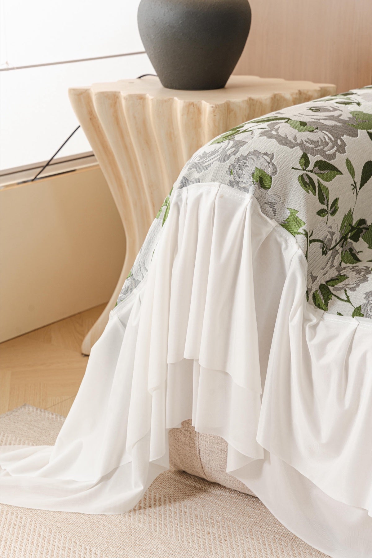 Decor Cedar Camellia Skirted Floral Sofa Throw Cover in Soft Sage Floral - side skirt drape detail for floral sofa throw covers in United States