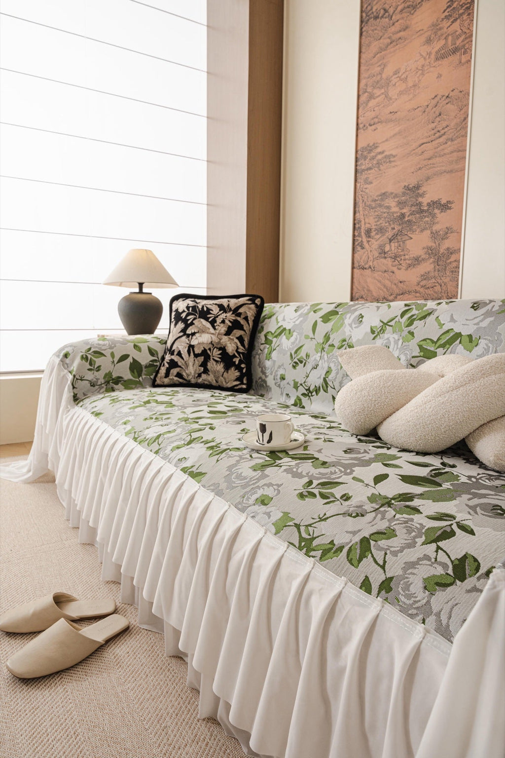 Decor Cedar Camellia Skirted Floral Sofa Throw Cover in Soft Sage Floral - styled skirted sofa throw for floral sofa throw covers in United States