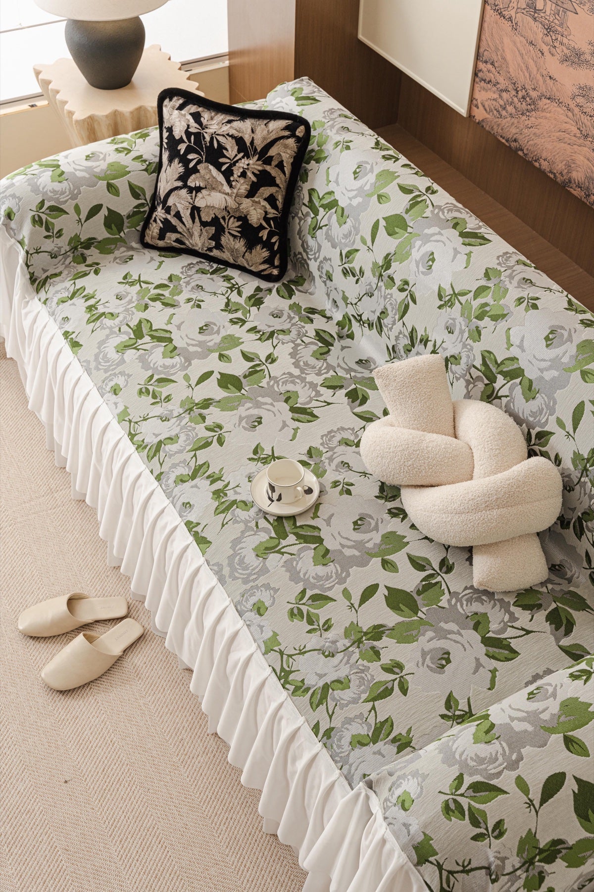 Decor Cedar Camellia Skirted Floral Sofa Throw Cover in Soft Sage Floral - top sofa fit view for floral sofa throw covers in United States