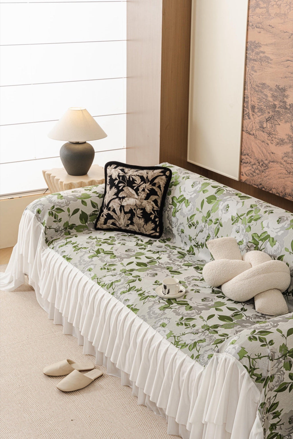 Decor Cedar Camellia Skirted Floral Sofa Throw Cover in Soft Sage Floral - styled skirted sofa throw for floral sofa throw covers in United States