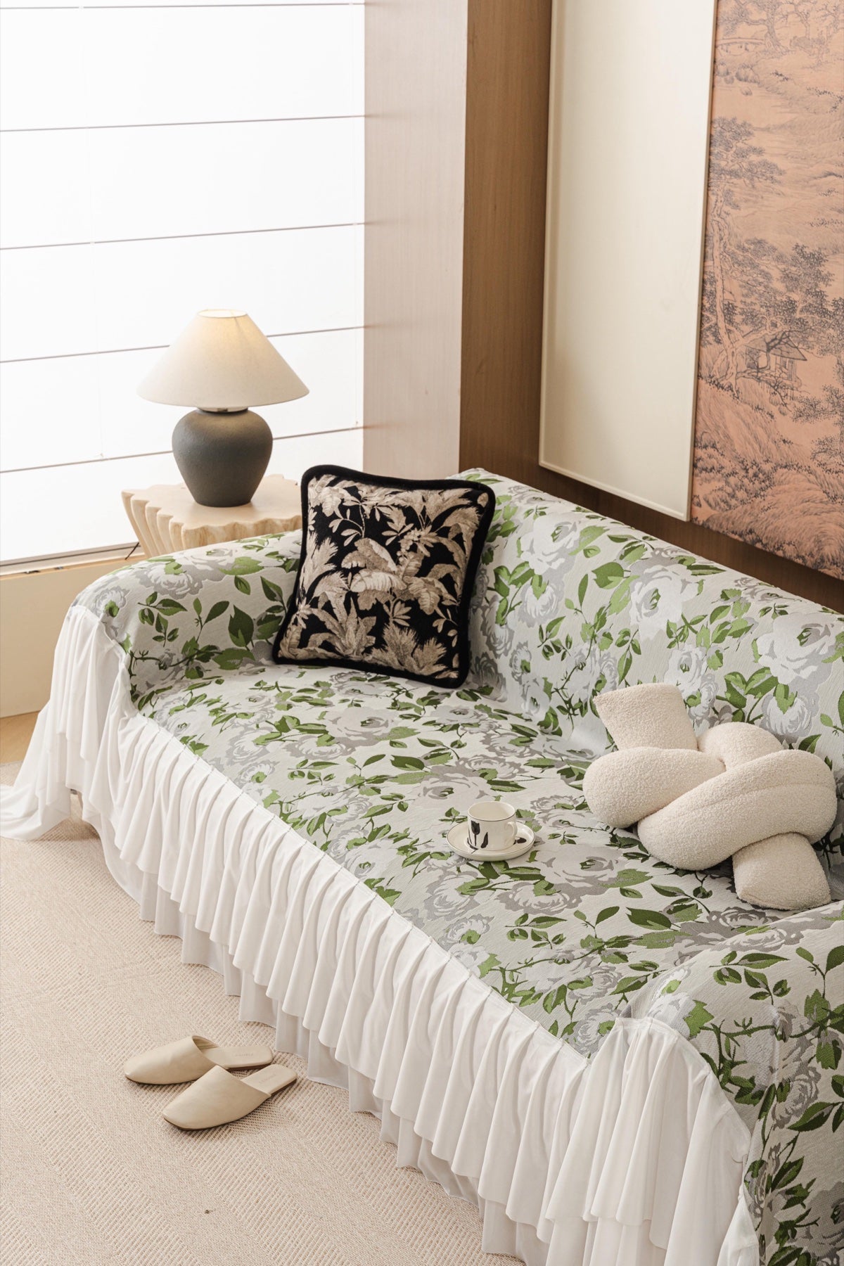 Decor Cedar Camellia Skirted Floral Sofa Throw Cover in Soft Sage Floral - styled skirted sofa throw for floral sofa throw covers in United States