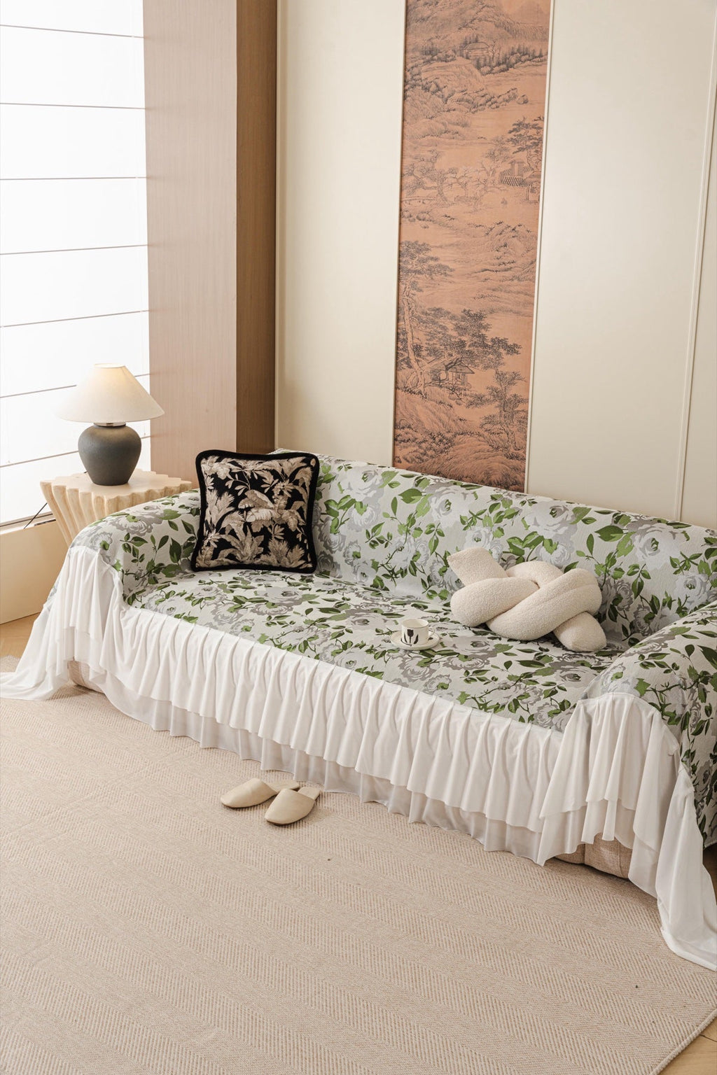 Decor Cedar Camellia Skirted Floral Sofa Throw Cover in Soft Sage Floral - styled skirted sofa throw for floral sofa throw covers in United States