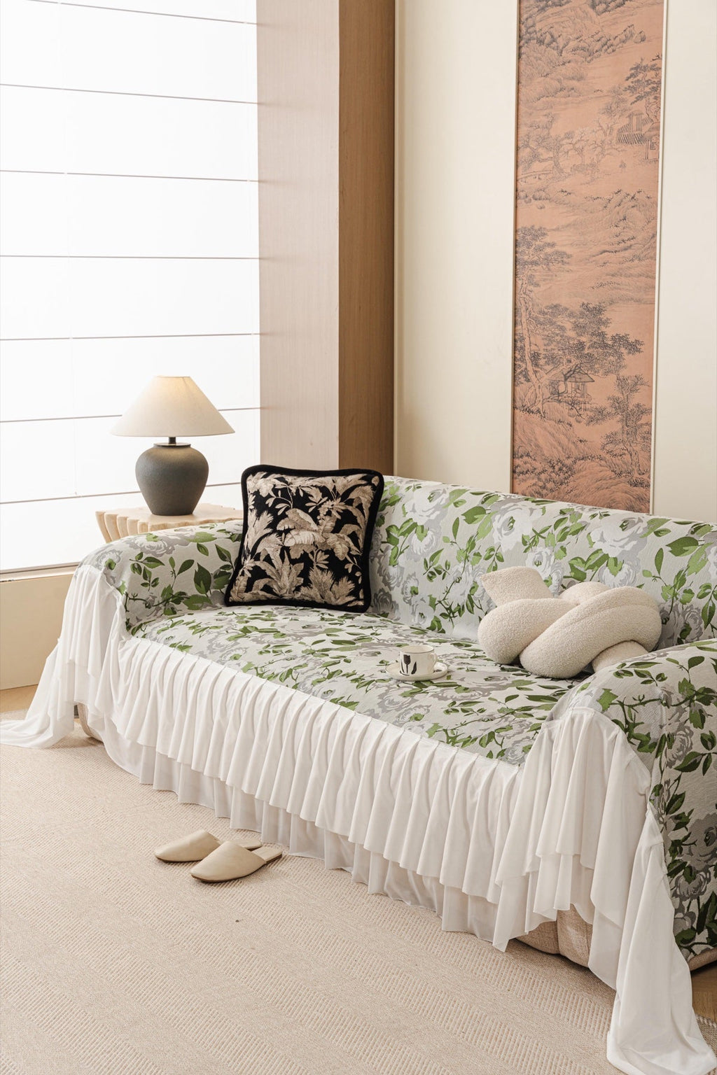 Decor Cedar Camellia Skirted Floral Sofa Throw Cover in Soft Sage Floral - styled skirted sofa throw for floral sofa throw covers in United States