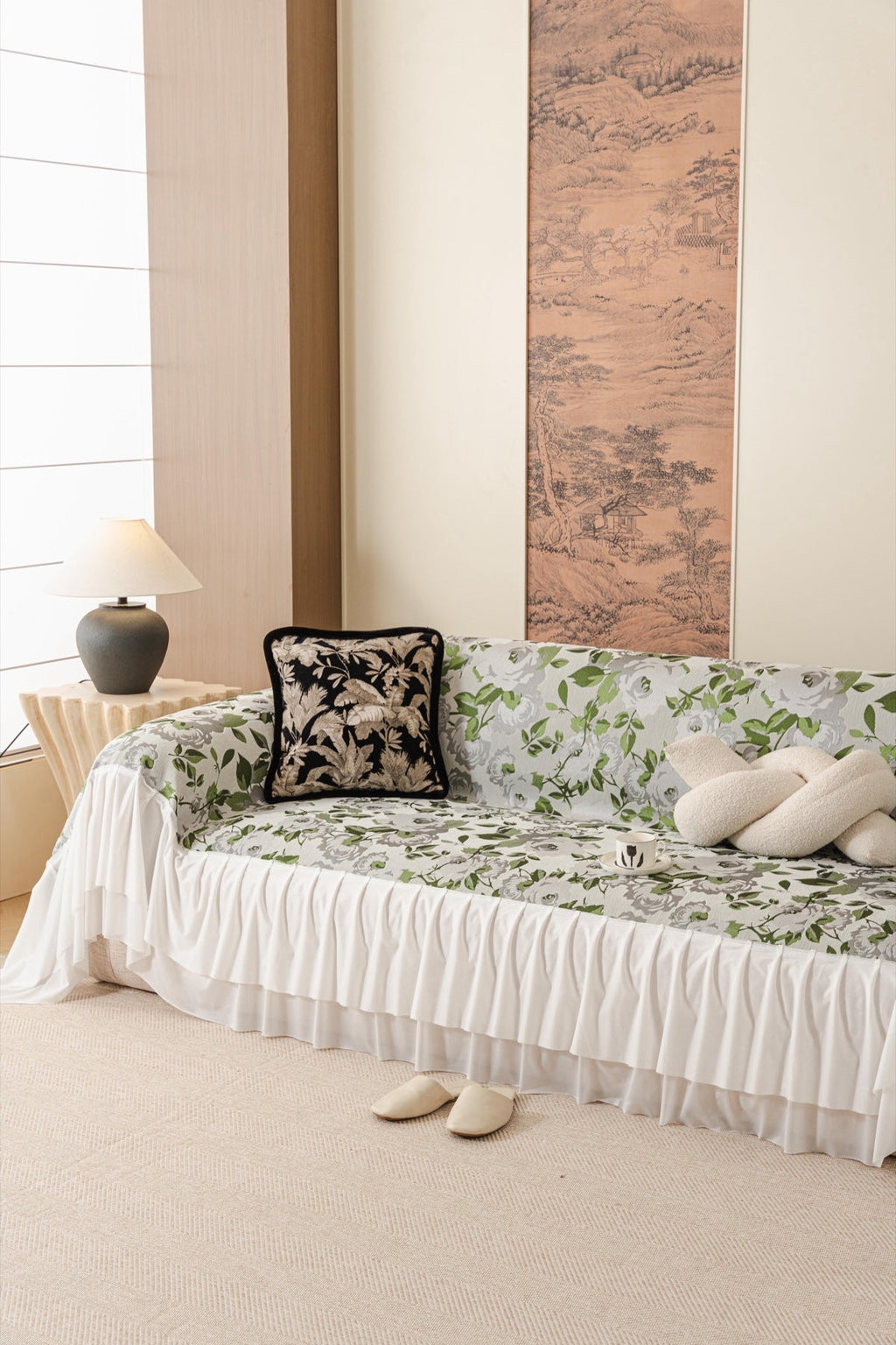 Decor Cedar Camellia Skirted Floral Sofa Throw Cover in Soft Sage Floral - styled skirted sofa throw for floral sofa throw covers in United States