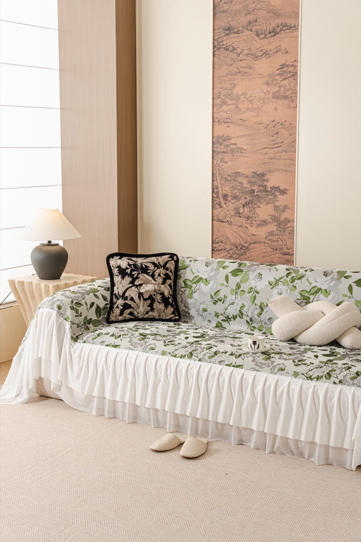 Decor Cedar Camellia Skirted Floral Sofa Throw Cover in Soft Sage Floral - styled skirted sofa throw for floral sofa throw covers in United States