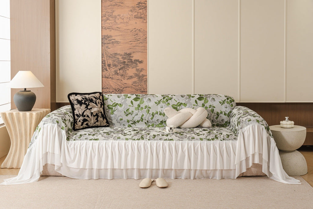 Decor Cedar Camellia Skirted Floral Sofa Throw Cover in Soft Sage Floral - front sofa fit view for floral sofa throw covers in United States