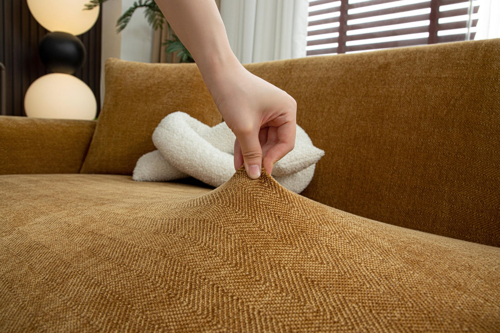 Decor Cedar Marlow Chenille Stretch Sofa Cover lifestyle product image for weather resistant sofa cover in United States